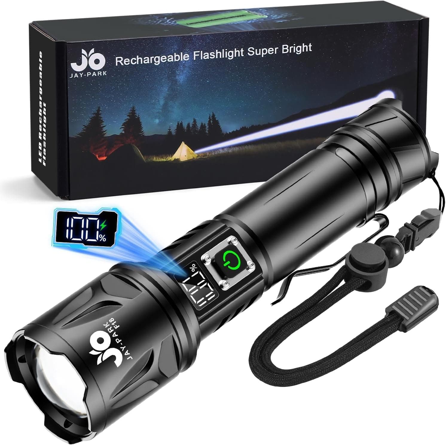 JAY-PARK Lampe Torche LED Ultra Puissante 1000000 Lumens, Rechargeable 5000mAh, Zoom Puissant 3000m, IP67 Étanche, 5 Modes Pour Camping, Randonnée, Urgence, Chien