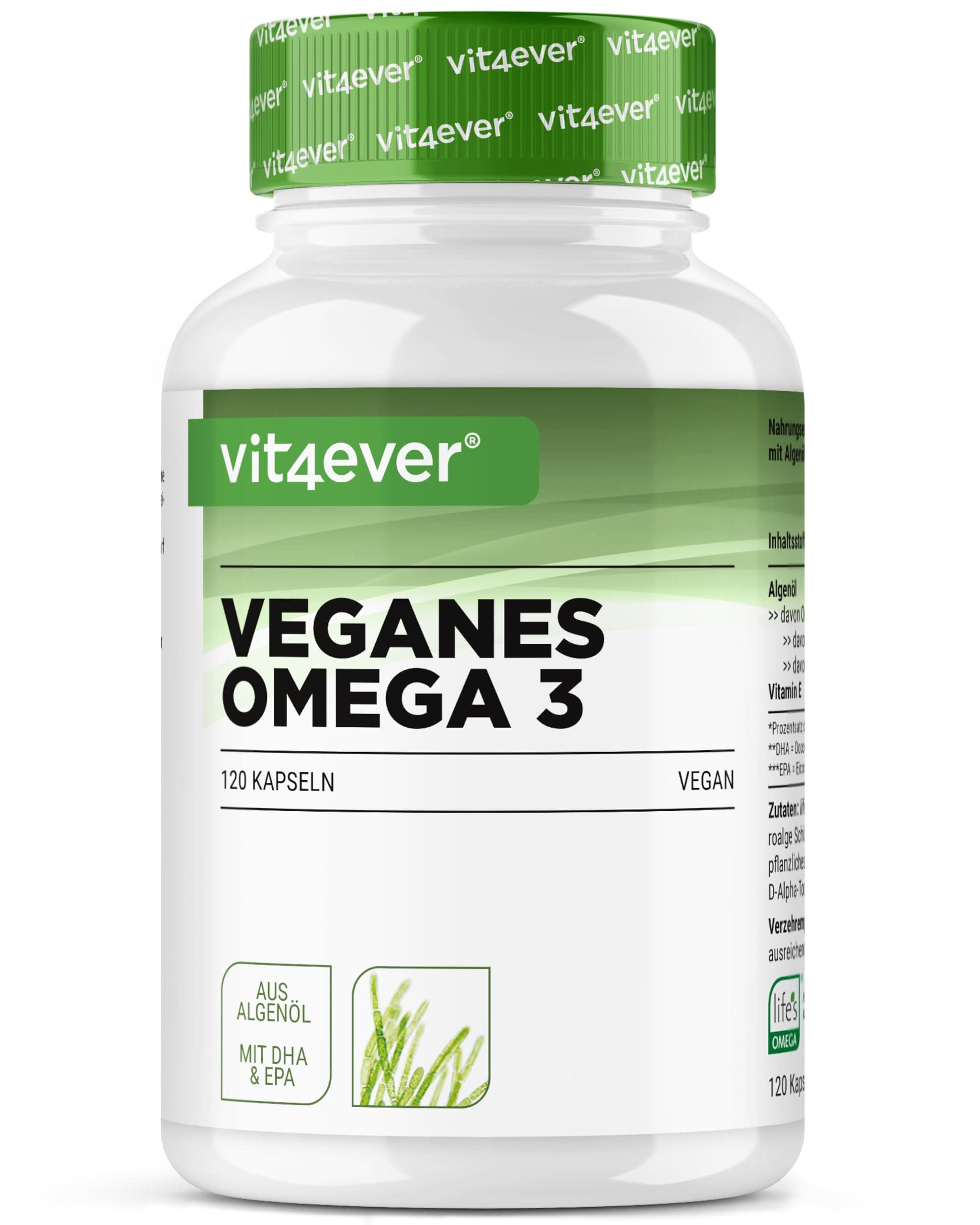vit4ever Omega 3 Vegan - 120 Softgel Kapseln - 1500 mg Algenöl pro Tagesdosis - Markenrohstoff life's OMEGA - 450 mg DHA + 225 mg EPA in natürlicher Triglycerid Form - Hochdosiert