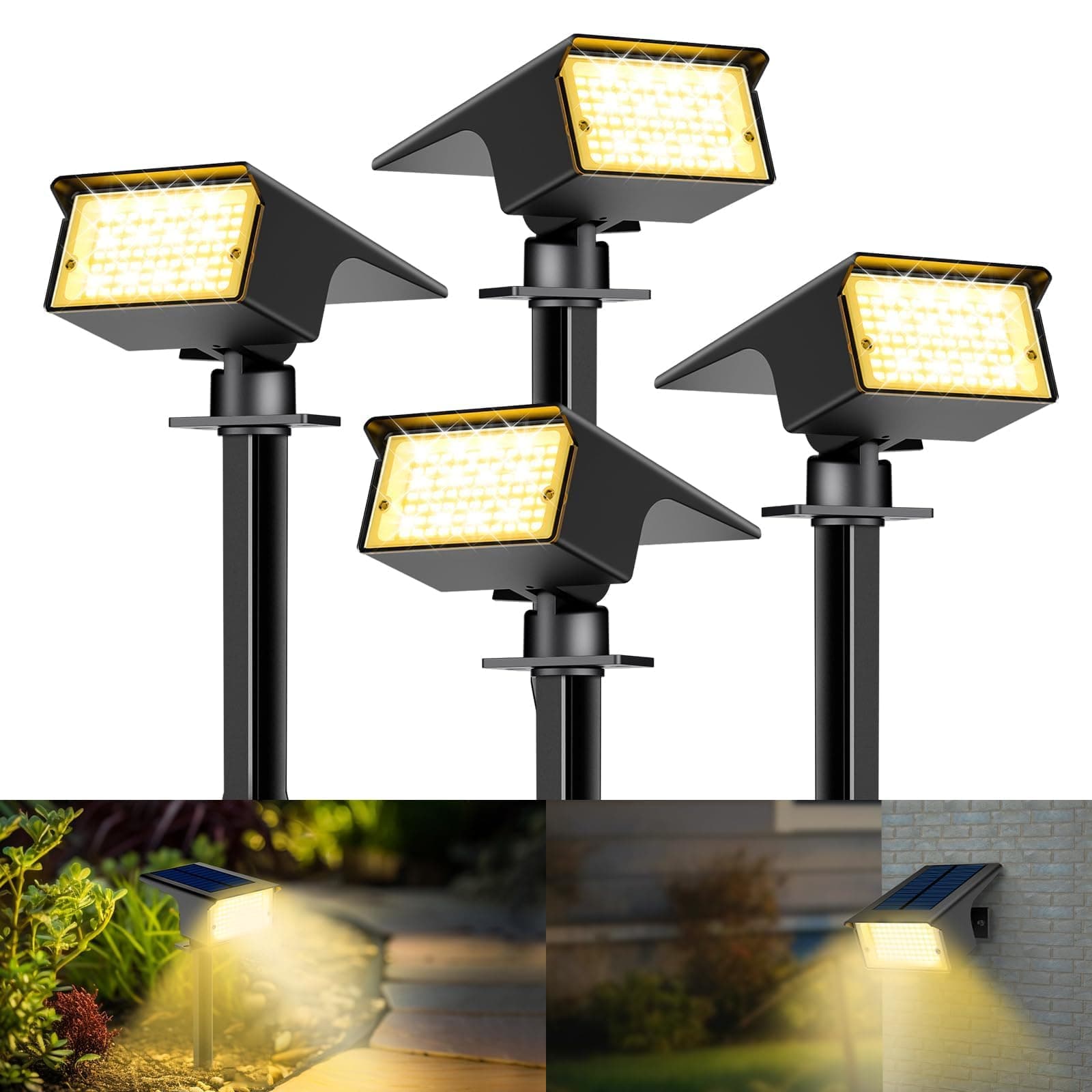 kolpop Luces Solares LED Exterior Jardin [4 Piezas/77 LEDs],3000K Cálido Luz Solar Exterior,Impermeable IP65,1800LM Focos Solares para Patio,Piscina,Macetas,Suelo,Calzada,Terraza,Césped,Carril