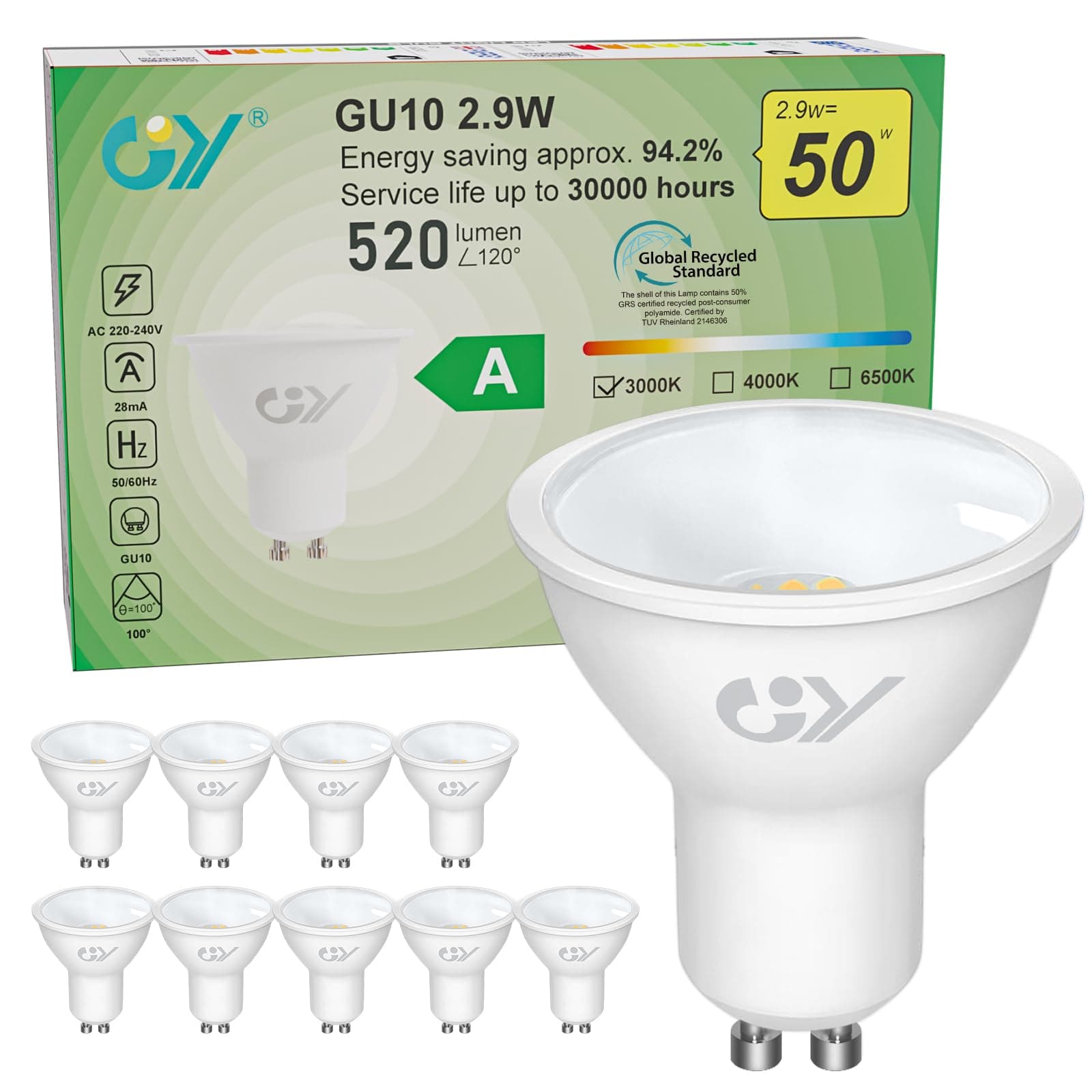 GY Ampoules LED GU10 Classe A 2.9W Equivalent 50W, 520LM 3000K Blanc Chaud, Angle de Lumière 100°, Ampoule GU10 Led Efficacité Energétique, Non-Dimmable, Lot de 10