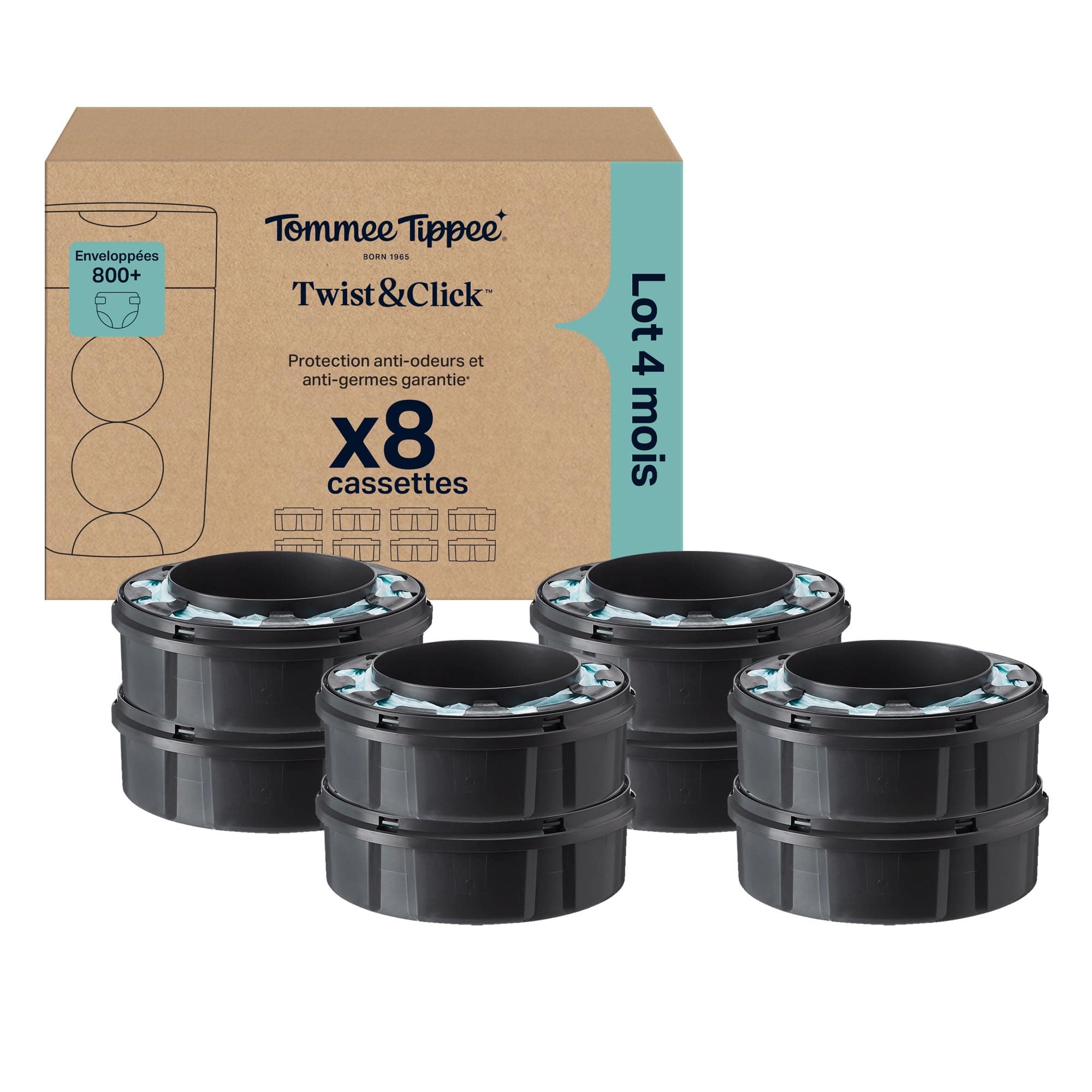 Tommee Tippee Cassettes de recharge originales Poubelle à couches Twist and Click Advanced, Lot exclusif de 8, 10,5 m, Recharge facile et grandes économies, 8 X 10,5 m