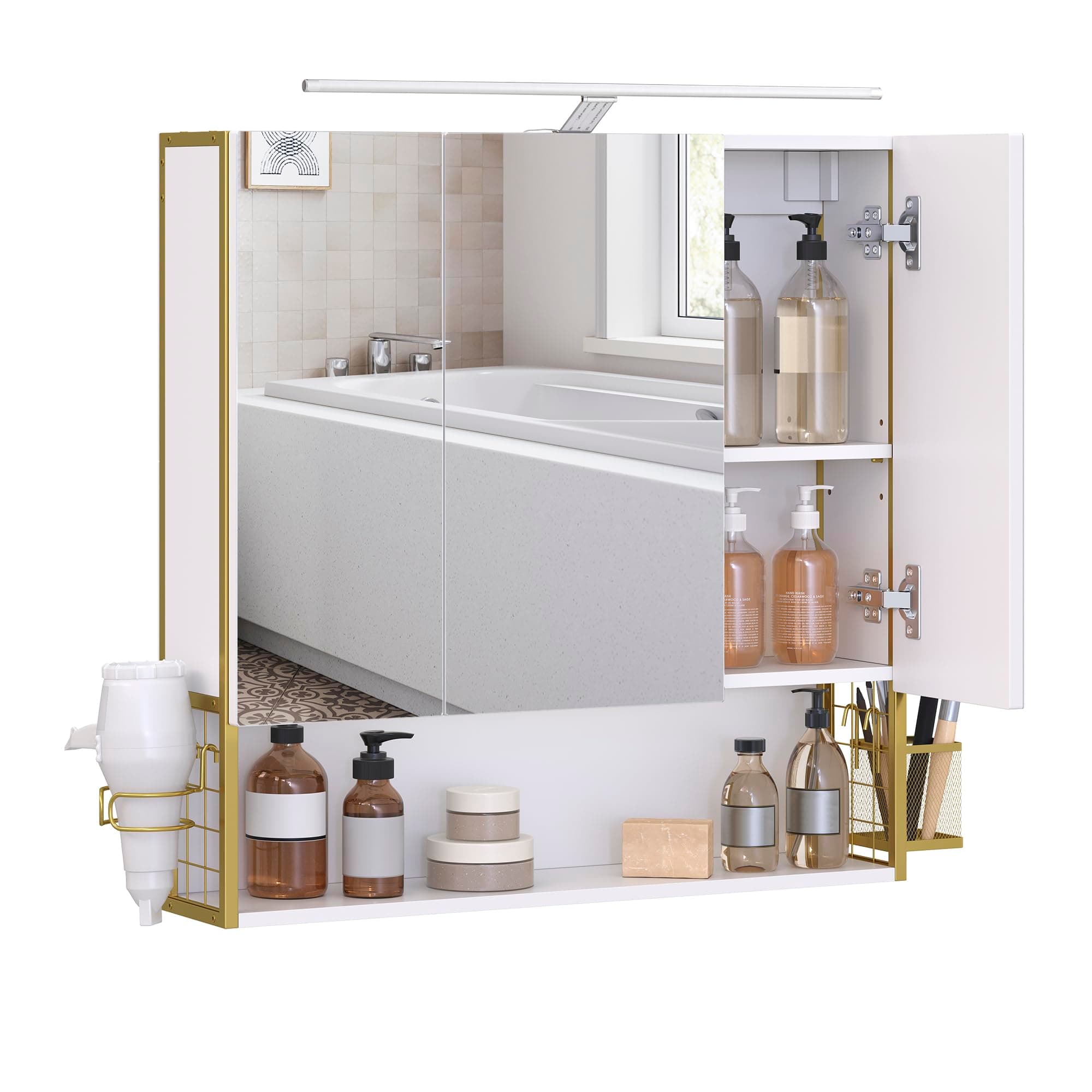 VASAGLE Spiegelschrank Bad mit Beleuchtung, 14,5 x 70 x 70 cm, Stecker, Hängekorb, Haartrockner-Halter, Spiegelschrank, Badschrank, Wandschrank, für Badezimmer, wolkenweiß-grüngoldfarben BBK124A10