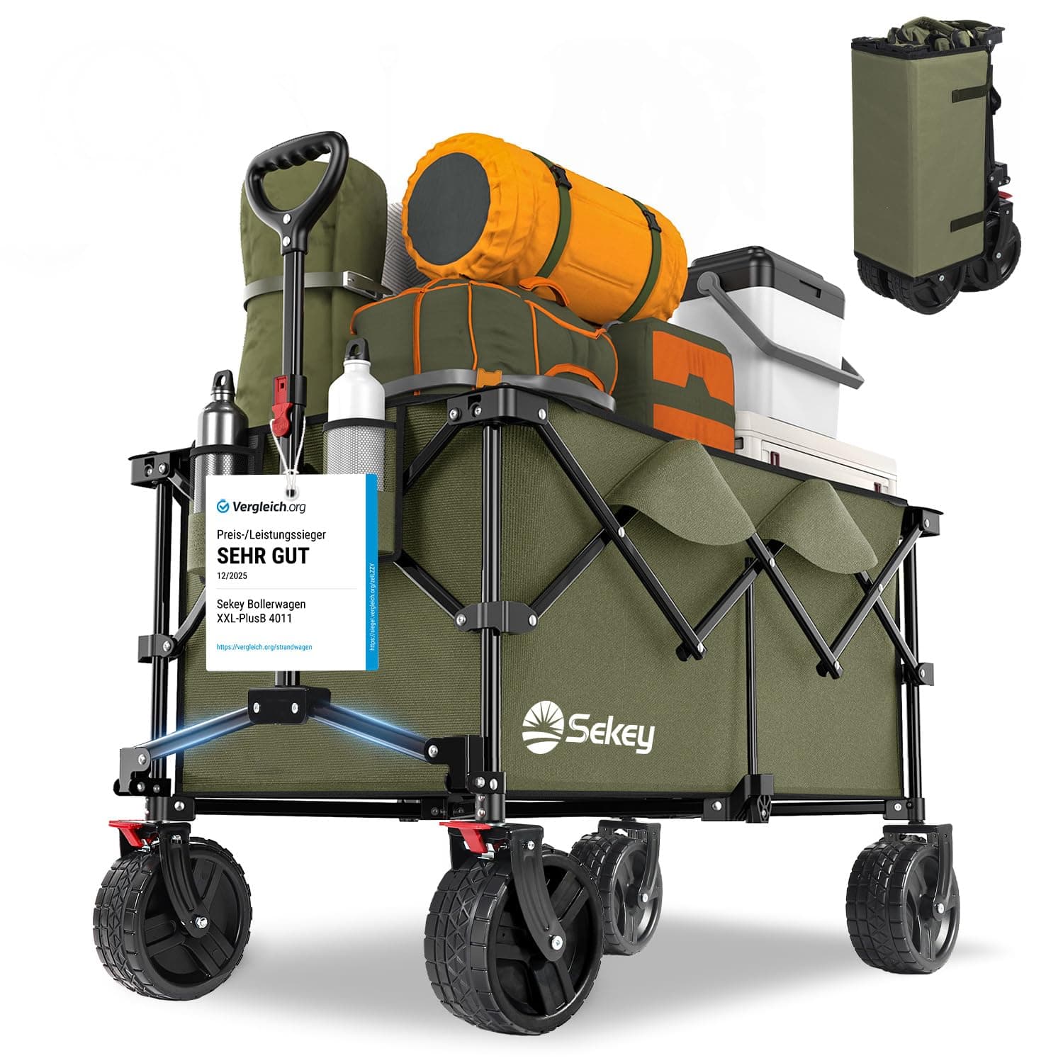 Sekey XXL Plus Bollerwagen Faltbar mit Bremsen 200L 200KG Belastbar, Extra Breite Reifen All Terrain Bollerwagen, Patentiert Zusammenfaltbar aus Vier Richtungen, XXL-PlusB 4011, Grün