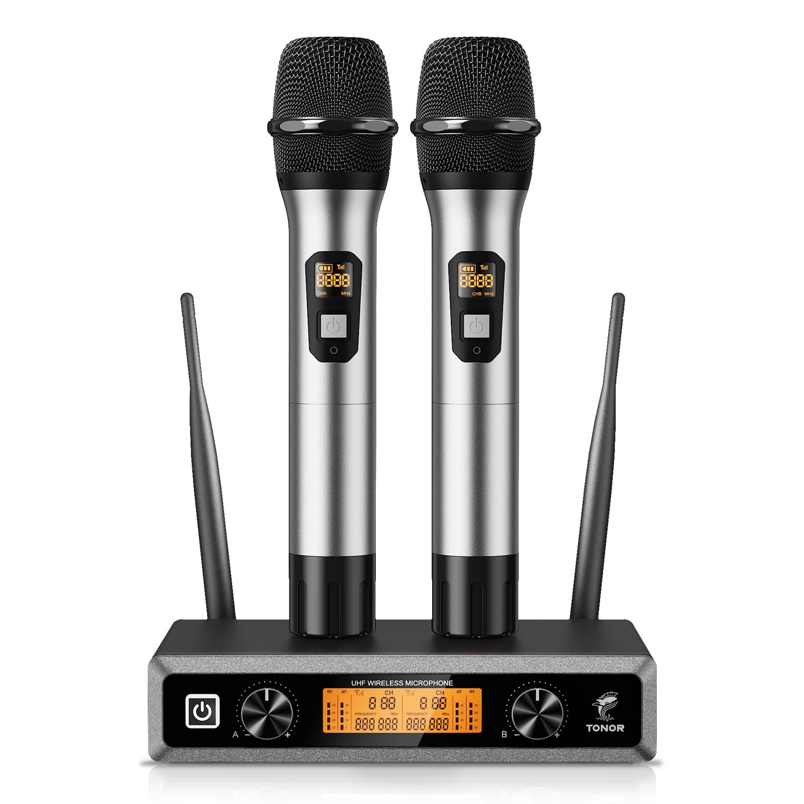 TONOR Microfono radio wireless UHF in metallo, professionale dinamico doppio microfoni senza fili, sistema mic a mano, set per karaoke, feste, DJ, chiesa, matrimonio, riunione, 60m, Argento, TW820