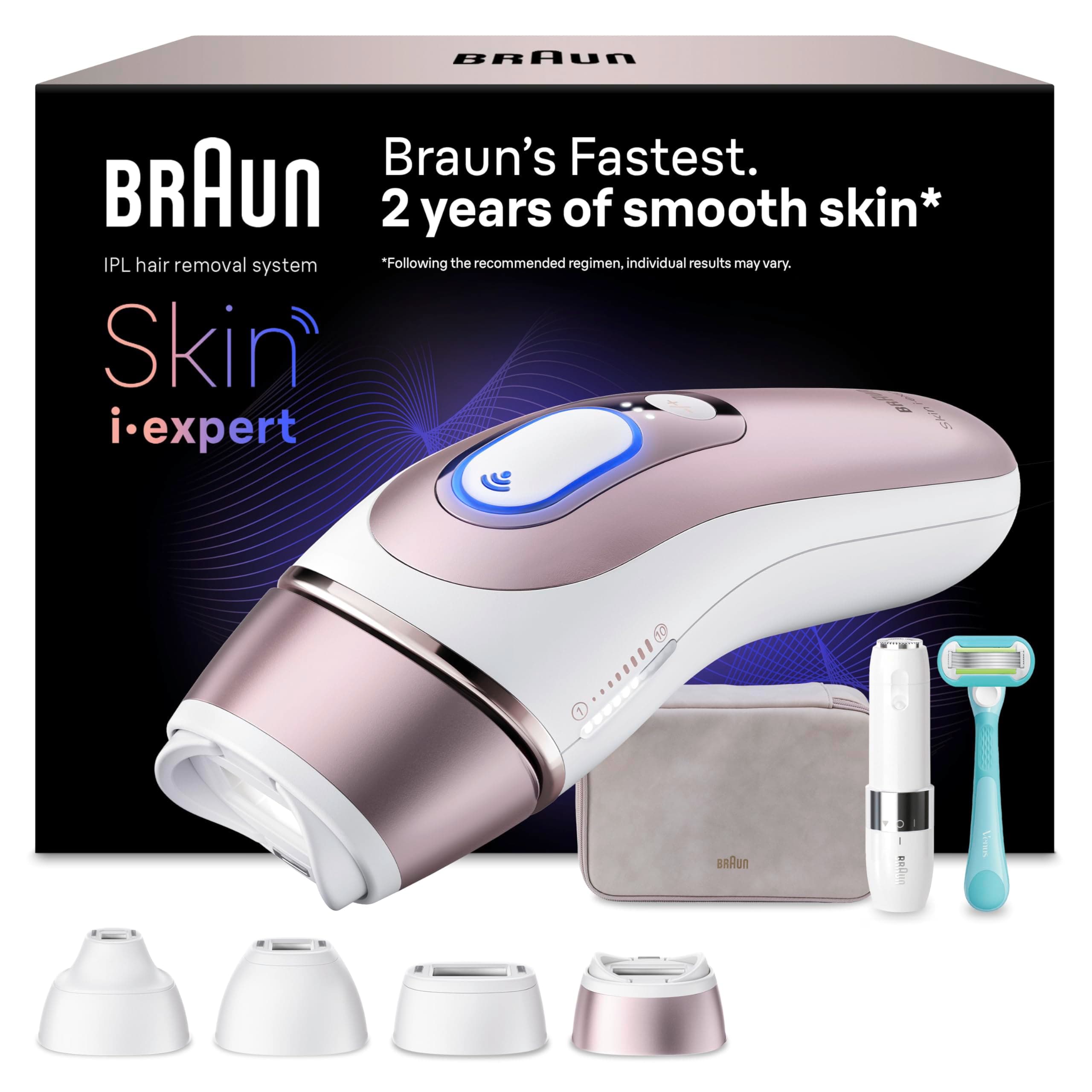 Braun Skin I·Expert Epilatore Luce Pulsata Smart, Epilazione Laser Peli Donna A Casa, Riduzione Permanente Peli, App Gratuita, Pochette, Mini Depilatore Viso, Rasoio Gillette Venus, 4 Testine, PL7432
