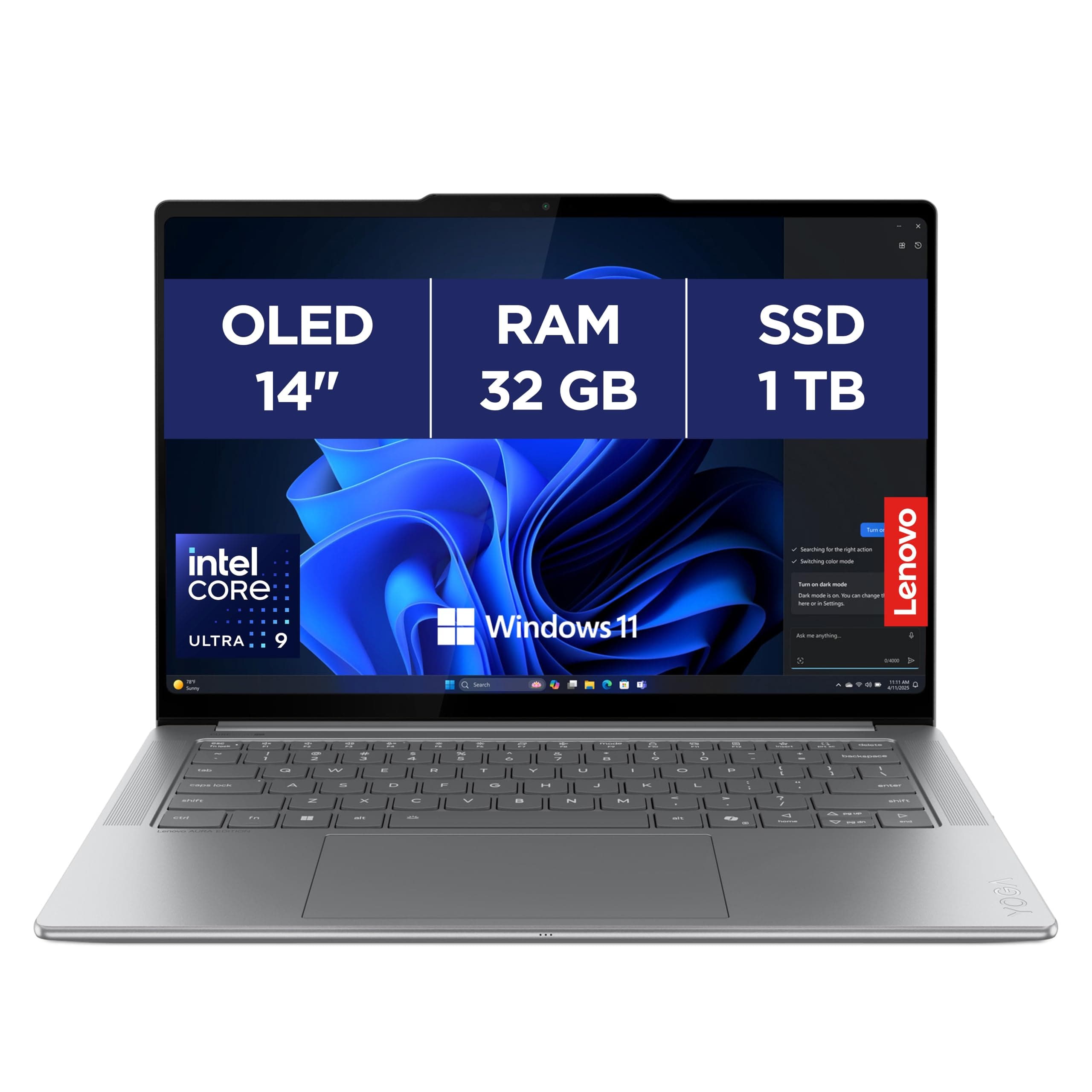 Lenovo Yoga Pro 7 14IAH10 - Ordinateur Portable Ultrafin 14'' 3K OLED 120Hz Tactile (Intel Arrow Ultra 9H, RAM 32Go, SSD 1To, Graphique Intel Arc, Windows 11H) Clavier rétroéclairé AZERTY - Gris