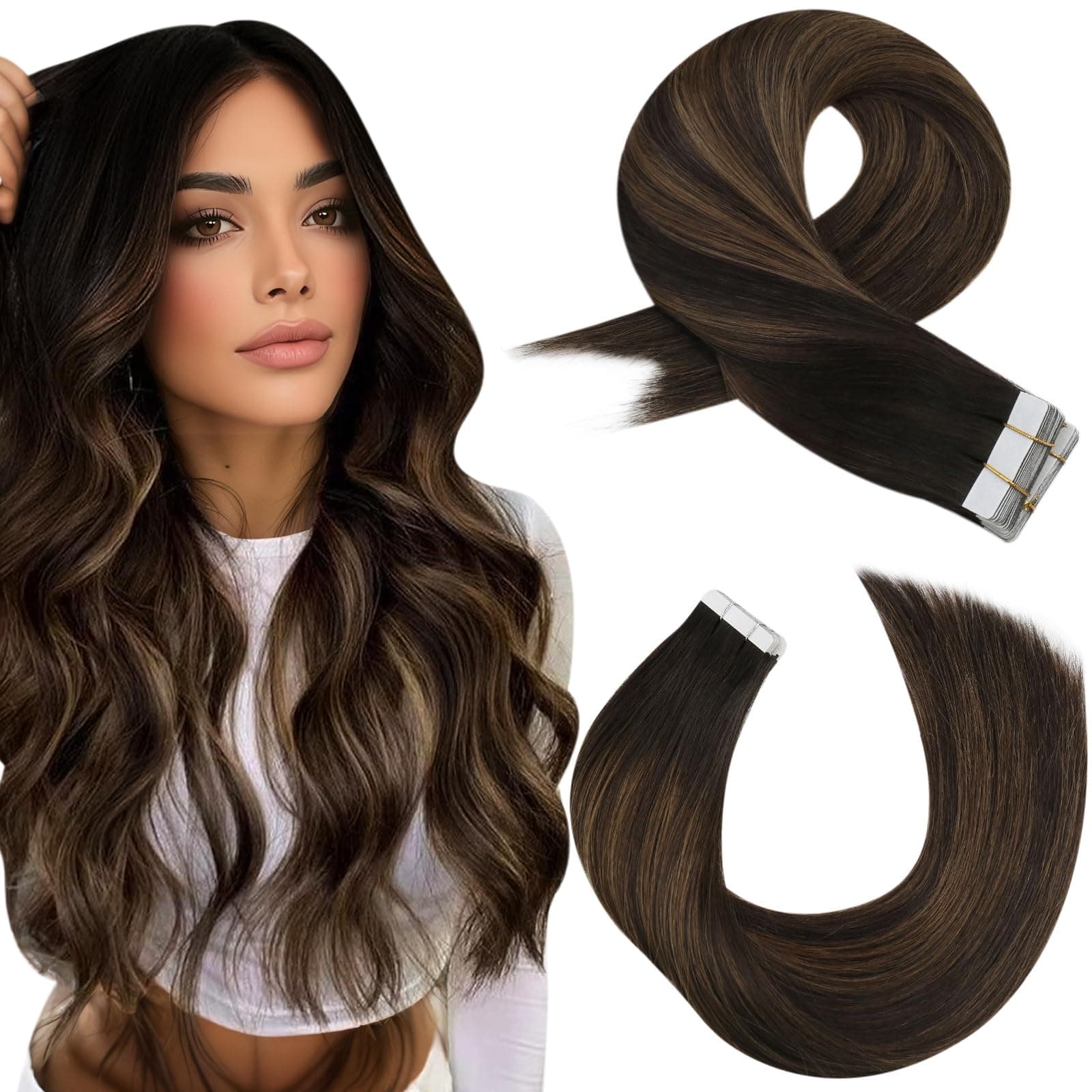 Moresoo Extension Adhesive Cheveux Naturel Invisible Balayage Brun Foncé Mixte avec Brun Moyen 40cm 50g 20pcs Bande Adhesive Extension Tape in Hair Extensions Human Hair #2/6/2