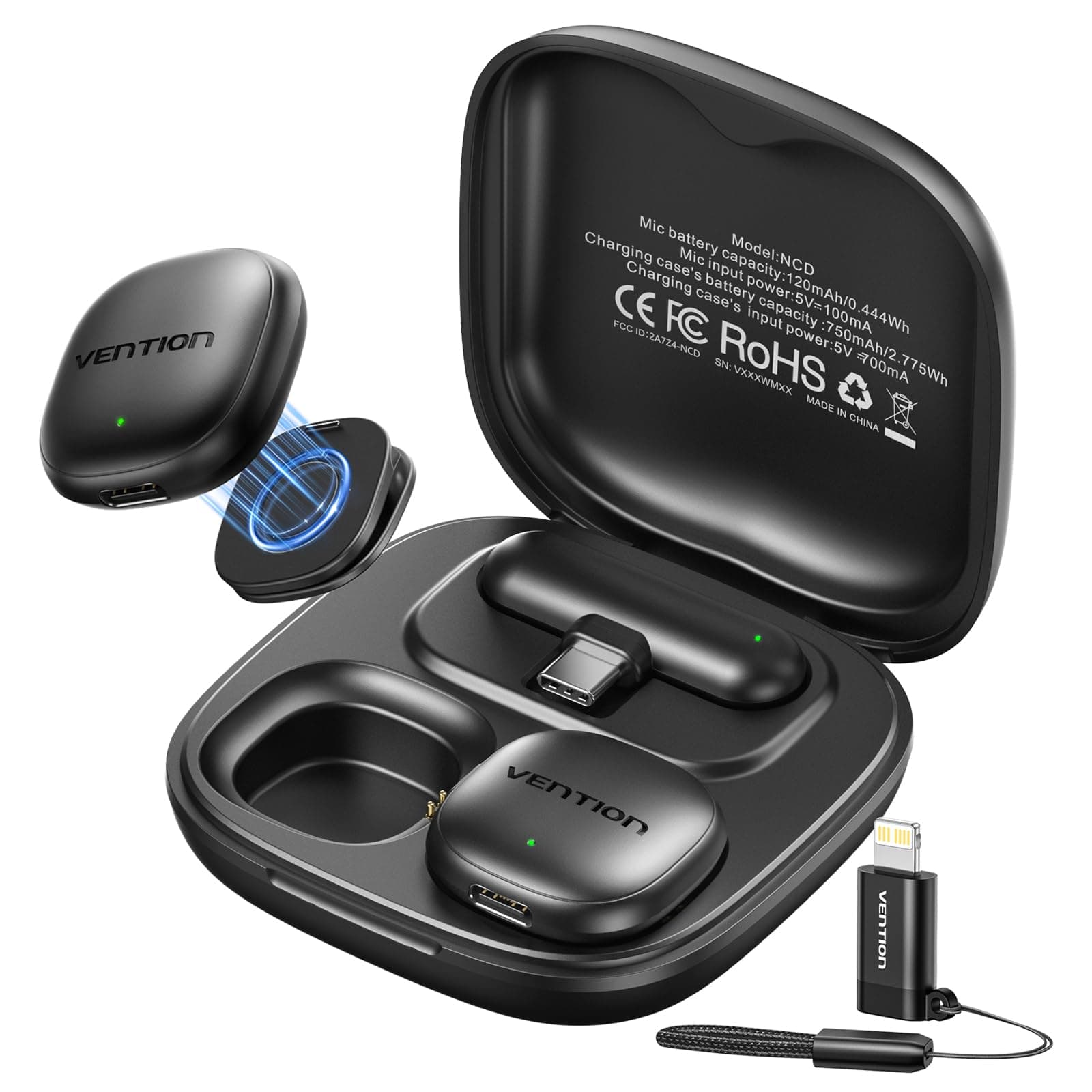 VENTION Mini Microfono Wireless per iPhone 17/16/15 Pro Max, [Plug and Play] USB-C Bluetooth Lavalier Microfono per Android,Dotato di custodia di ricarica da 24 ore per Registrazioni Video,Vlogging