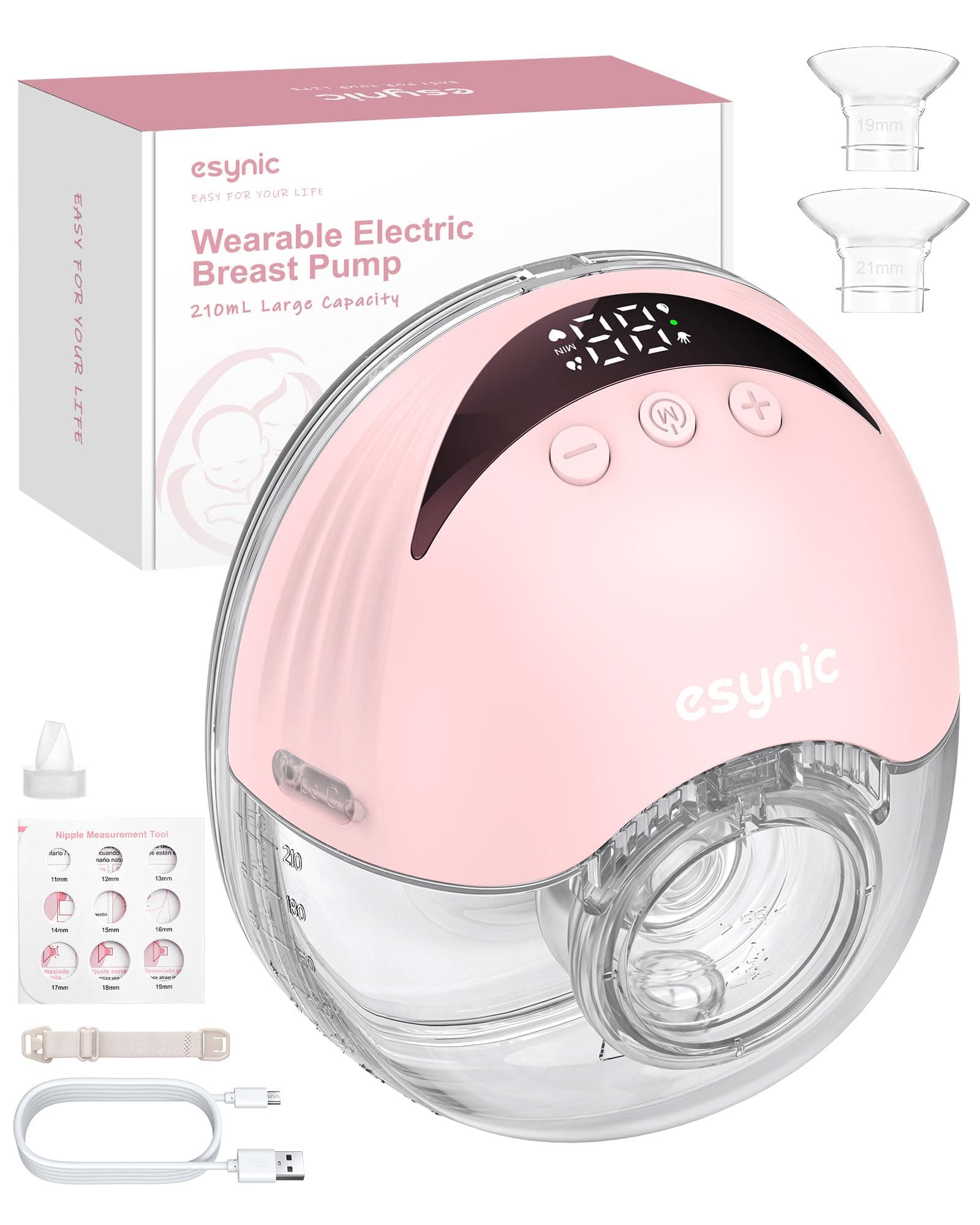 eSynic Sacaleches Eléctrico Manos Libres con 4 Modos y 12 Niveles Extractor de Leche Materna de 210ml Menos Ruido con Bridas de 24/21/19 mm a Prueba de Fugas Extractor de Leche Inalámbrico Sin BPA