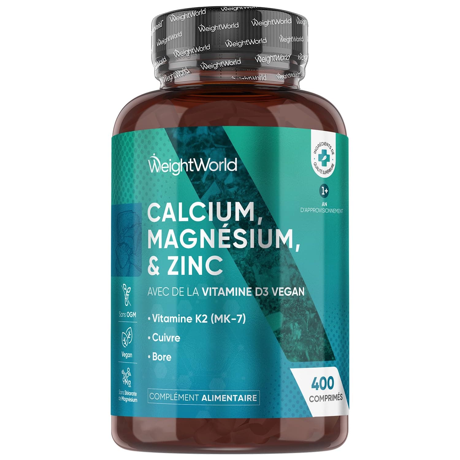 Calcium Magnésium Zinc Vitamine D3 K2 MK7, 400 Comprimés Vegan (+ 1 An de Stock) Complexe Vitamine avec Cuivre, Sélénium, Manganèse & Bore, Multivitamines et Minéraux Adultes 8-en-1