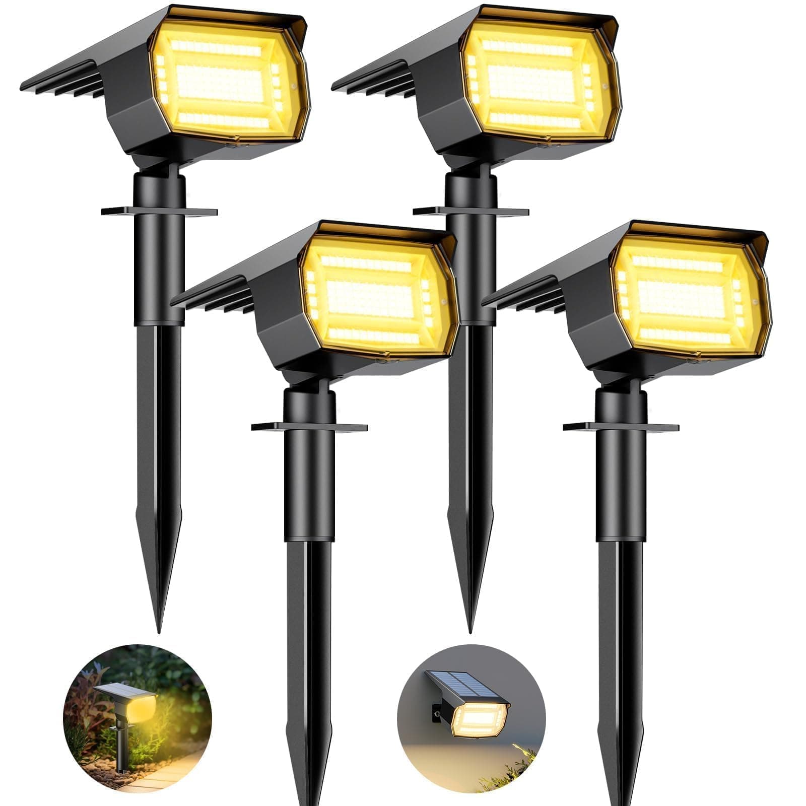 btfarm 4 Pezzi 72LED Faretti Solari a LED da Esterno, 3 Livelli di Luminosità Lampade Luci Solari da Giardino Potenti, IP65 Impermeabile Lampada Lampioni Solare per Cortile, Alberi, Bianco Caldo