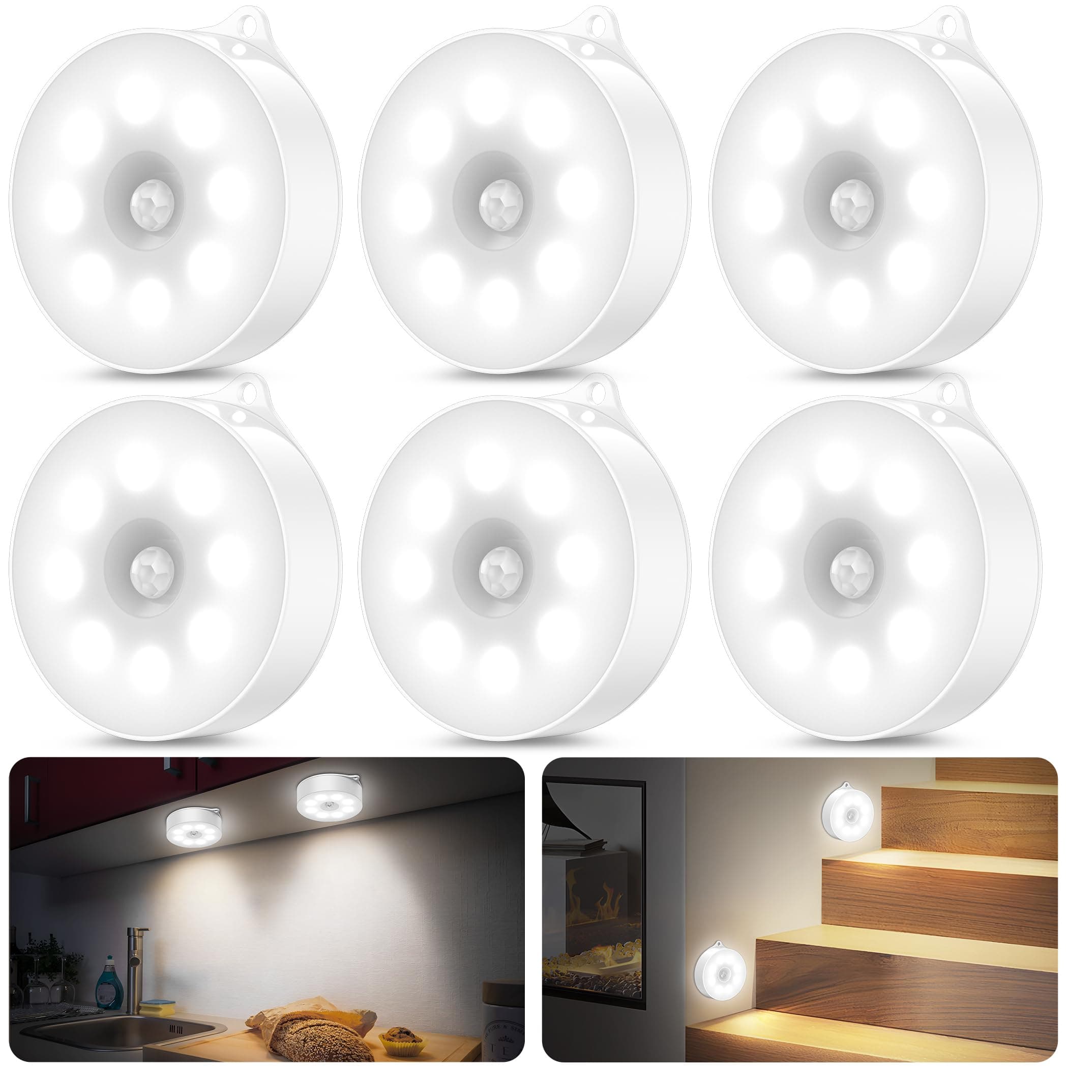 daphomeu Luz led nocturna con sensor de movimiento, Funciona con 3 pilas AAA. iluminación de armario, sensor de movimiento interior para escaleras, dormitorio, cocina. (blanco frío,6 Piezas)