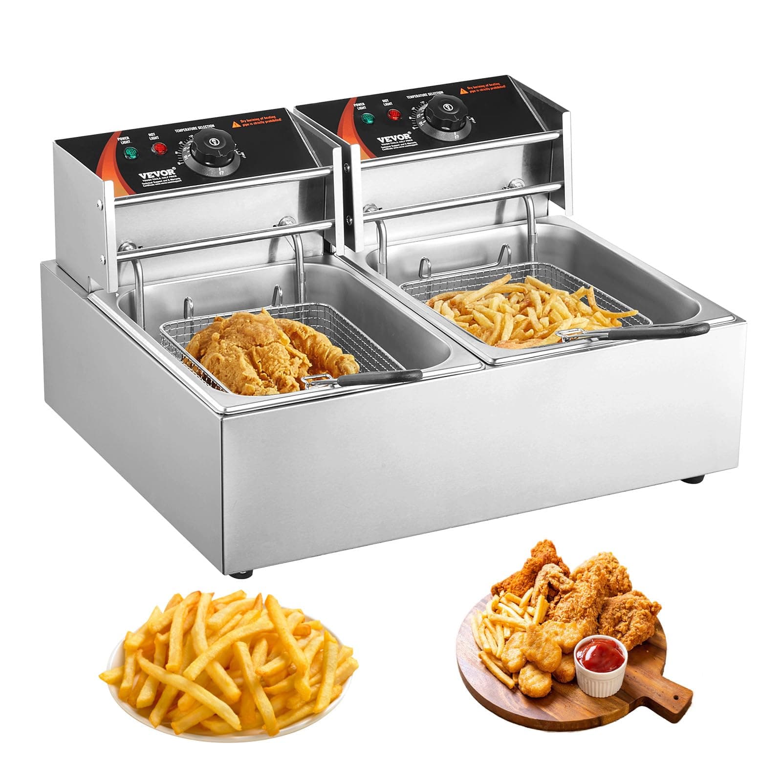 VEVOR Freidora Eléctrica Comercial 2Tanques 12L 5000W Freidora de Aceite de Acero Inoxidable con 2 Cestas para Freír Tapas Temperatura Ajustable 50-200 gradosC para Aros de Cebolla Pollo Papas Fritas