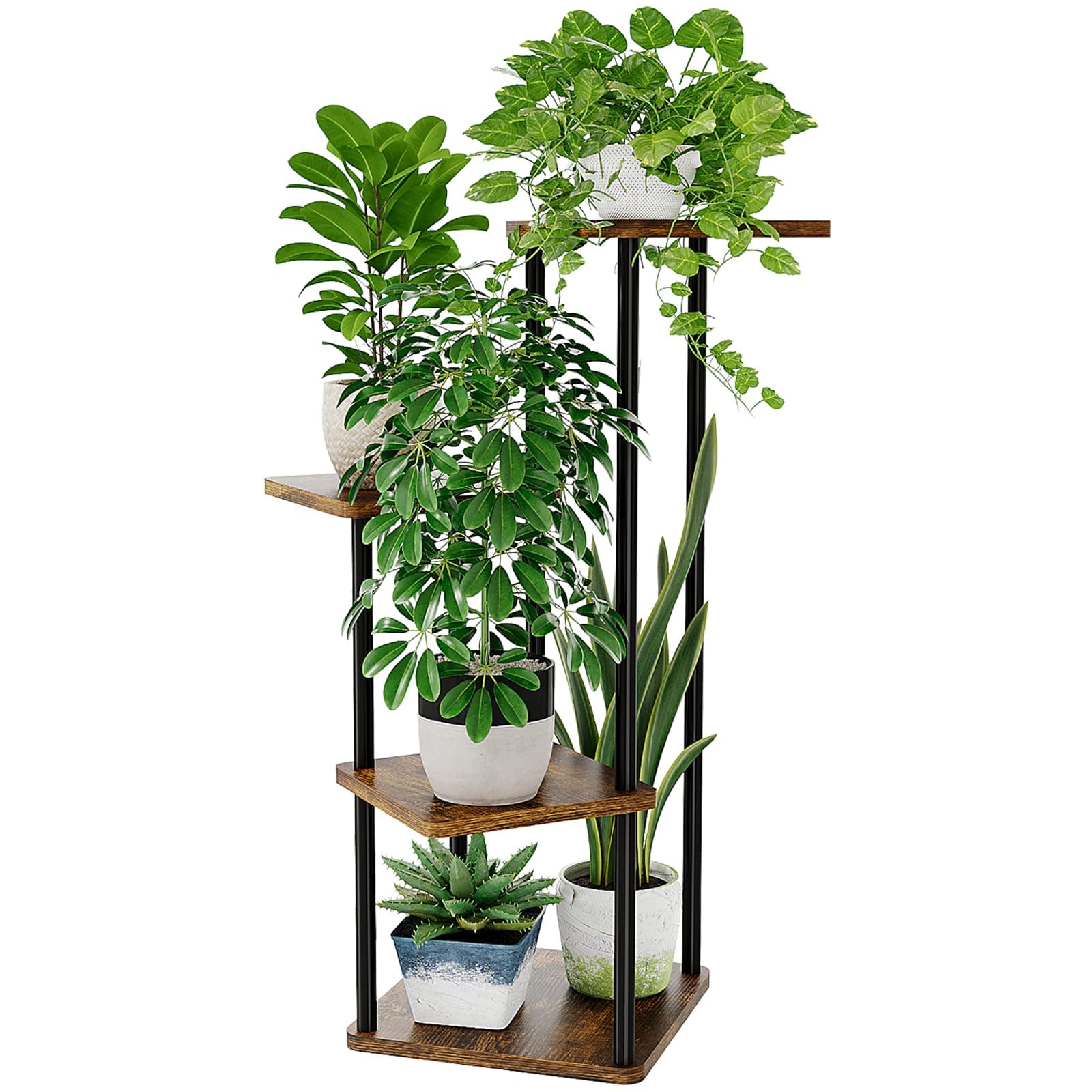 Bamworld Soporte de Metal para Plantas de Interior para Múltiples Plantas Pequeño Soporte de Flores de Esquina para Patio, Jardín, Balcón, Sala de Estar, Dormitorio (4 Niveles, Marrón)