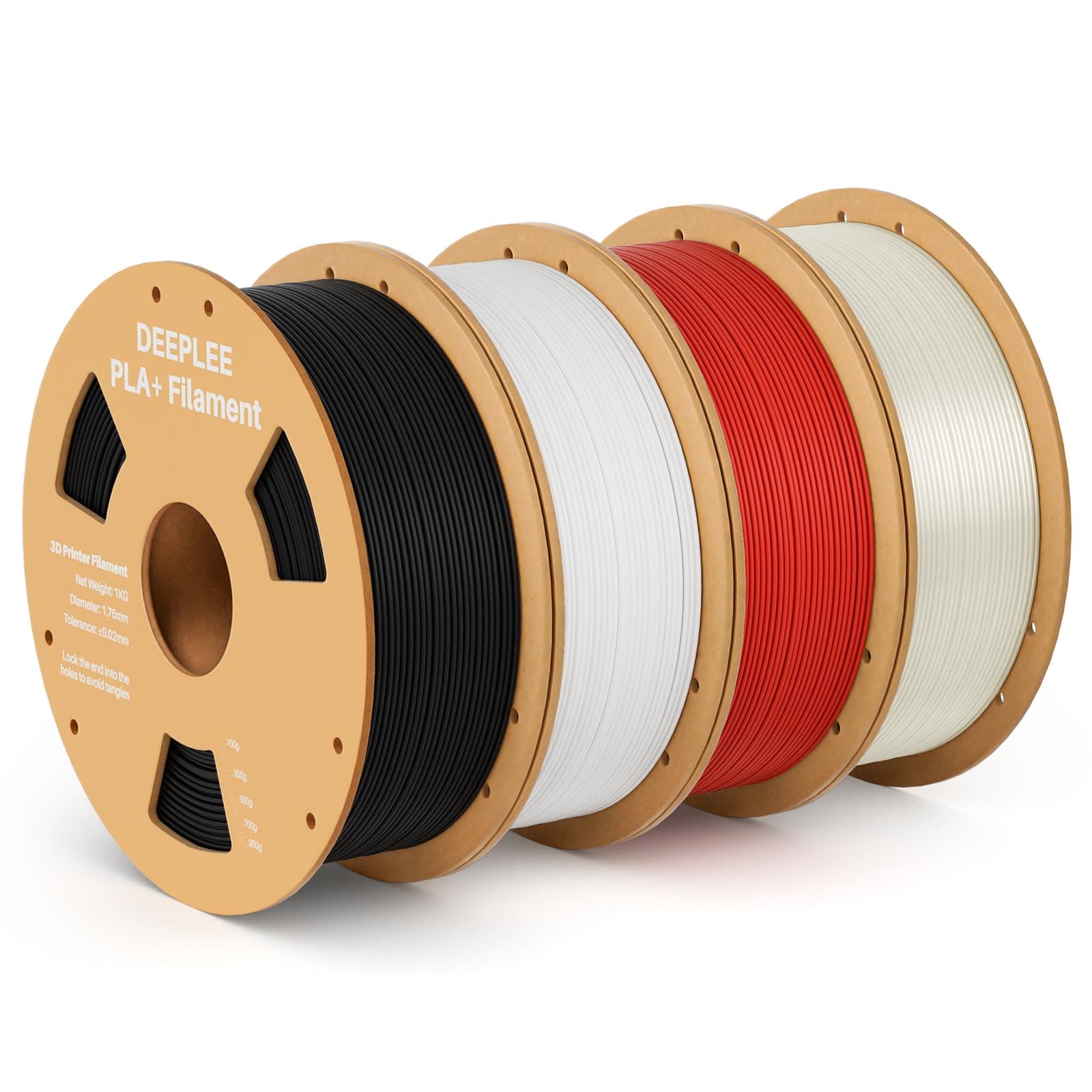 DEEPLEE Filamento PLA+ 1.75 mm, Kit 4 Bobinas Negro, Blanco, Rojo y Translúcido (4kg). Mayor Resistencia y Dureza. Precisión ±0.02 mm, Sin Atascos. Compatible con FDM.