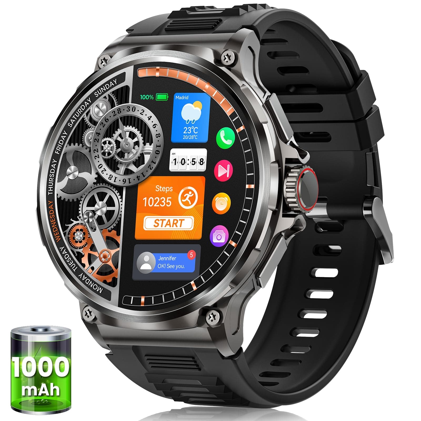 Reloj Inteligente Hombre con 1000mAh Batería, 1.92" AMOLED, 5ATM Impermeable Smartwatch Militar con Llamadas, 120+ Modos Deportivos, 24/7 Pulsómetro/Sueño/Podómetro Pulsera Actividad Android iOS Negro