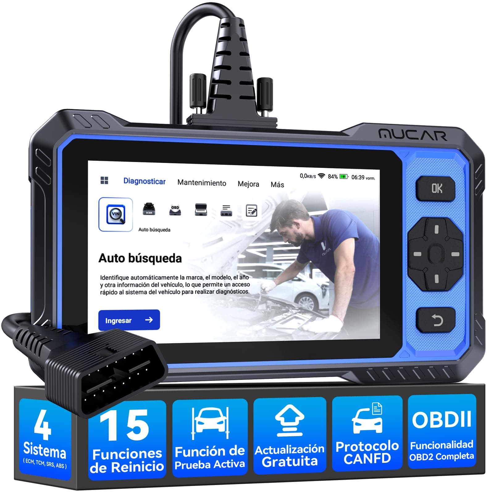 OBD2 Diagnosis, MUCAR 632 Diagnosis Coche Multimarca de 4 Sistema(ECM/TCM/SRS/ABS), Diagnosis Coche con 15 Funciones de Reinicio/Vin Automático/Prueba Activa-Actualización Gratuita