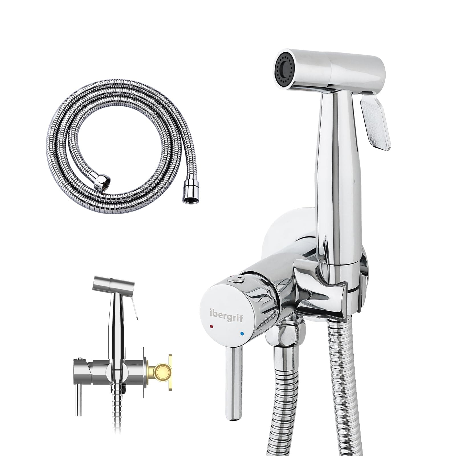 GRIFEMA Doccia per Bidet Portatile, Rubinetti per Bidet con supporto, Miscelatore Bidet ad Acqua Calda e Fredda, Cromo, Argento, M22004