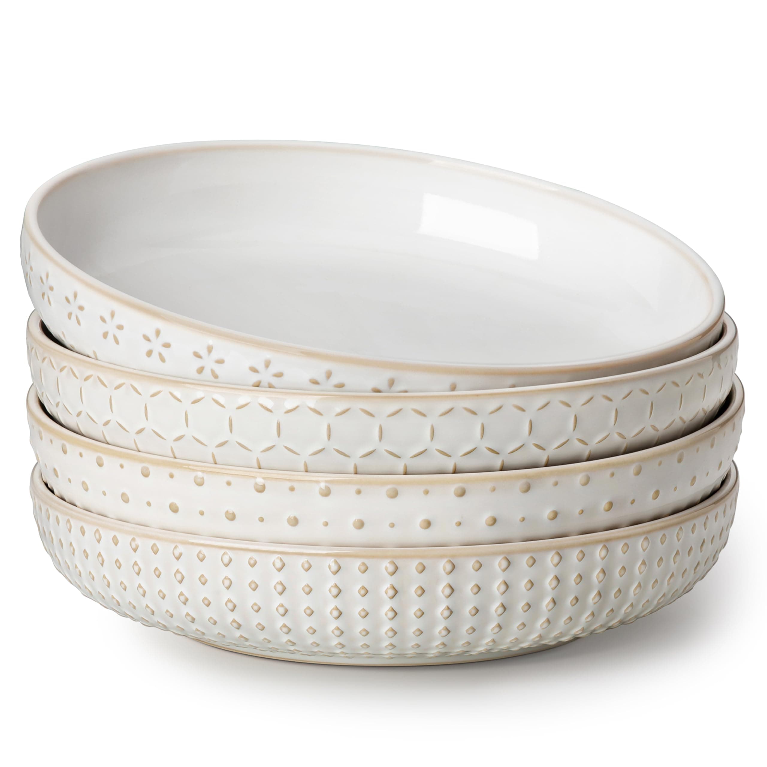MALACASA Juego de 4 Cuencos para Pasta de Gres, 1570 ml Grande Platos Hondos para Pasta Ensalada y Sopas, Beige - Serie LYDIA