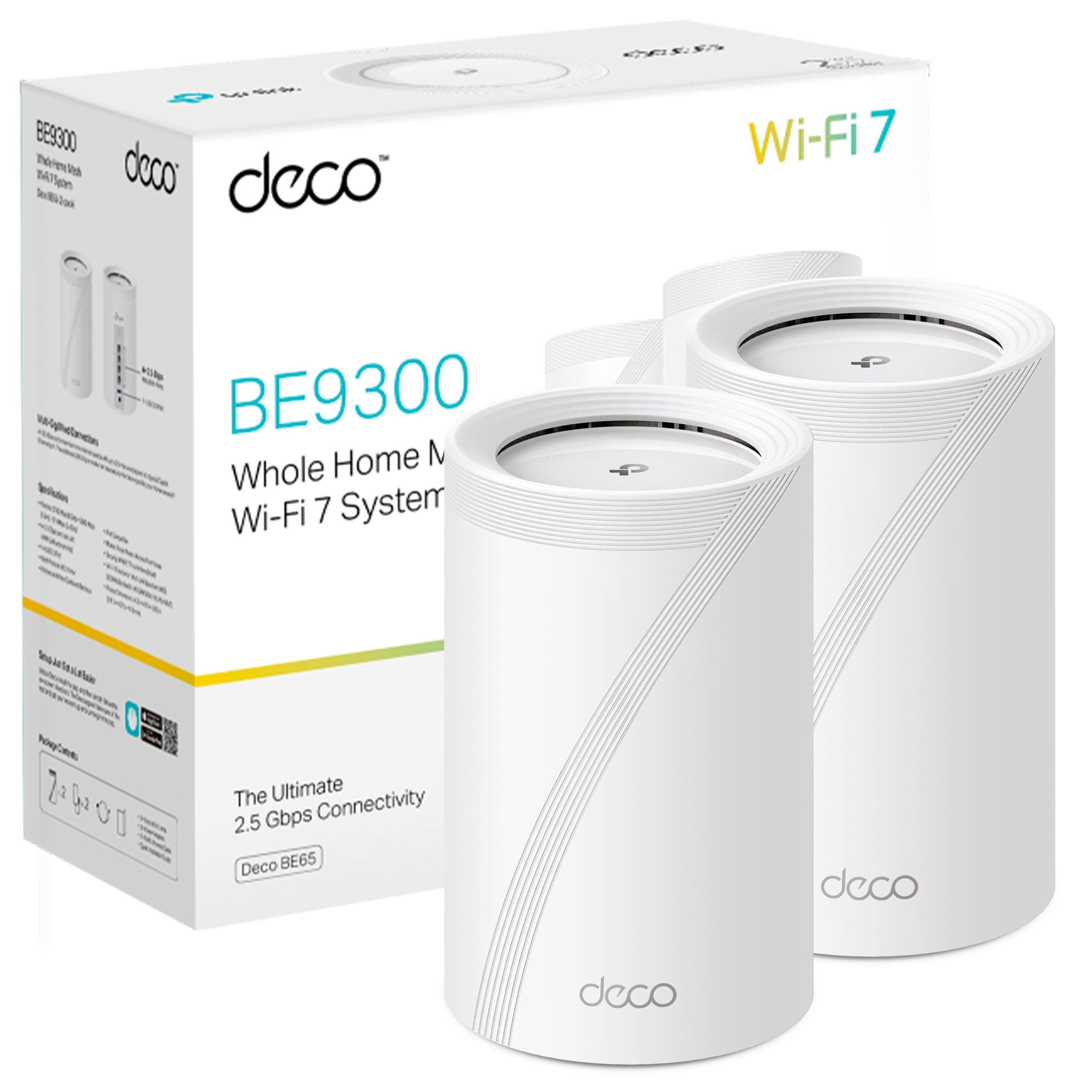 TP-Link Deco BE65(2-Pack) - WiFi 7 Mesh BE9300 Deco Tri-Band BE65 (Paquete de 2), Puerto Ethernet/Fibra 2.5 Gbps, Velocidad WiFi de hasta 9 Gbps, WPA3, Canales de 320 MHz, 6 GHz