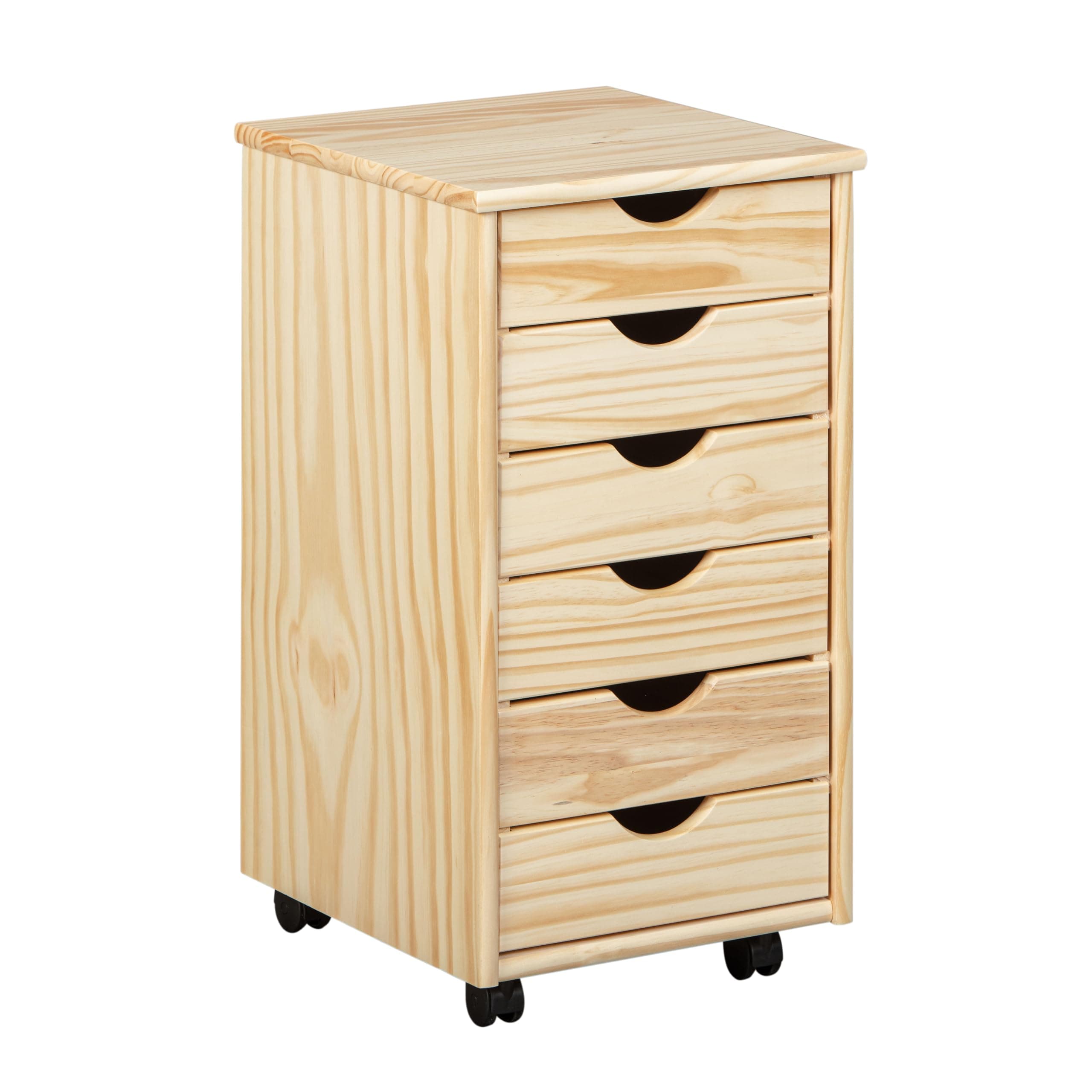 Inter Link - Caisson roulant - Caisson roulant 6 tiroirs - Caisson bureau - Armoire roulante - Chariot à tiroirs - Pin massif - Naturel laqué - LxPxH : 35x39x66 cm - Nils
