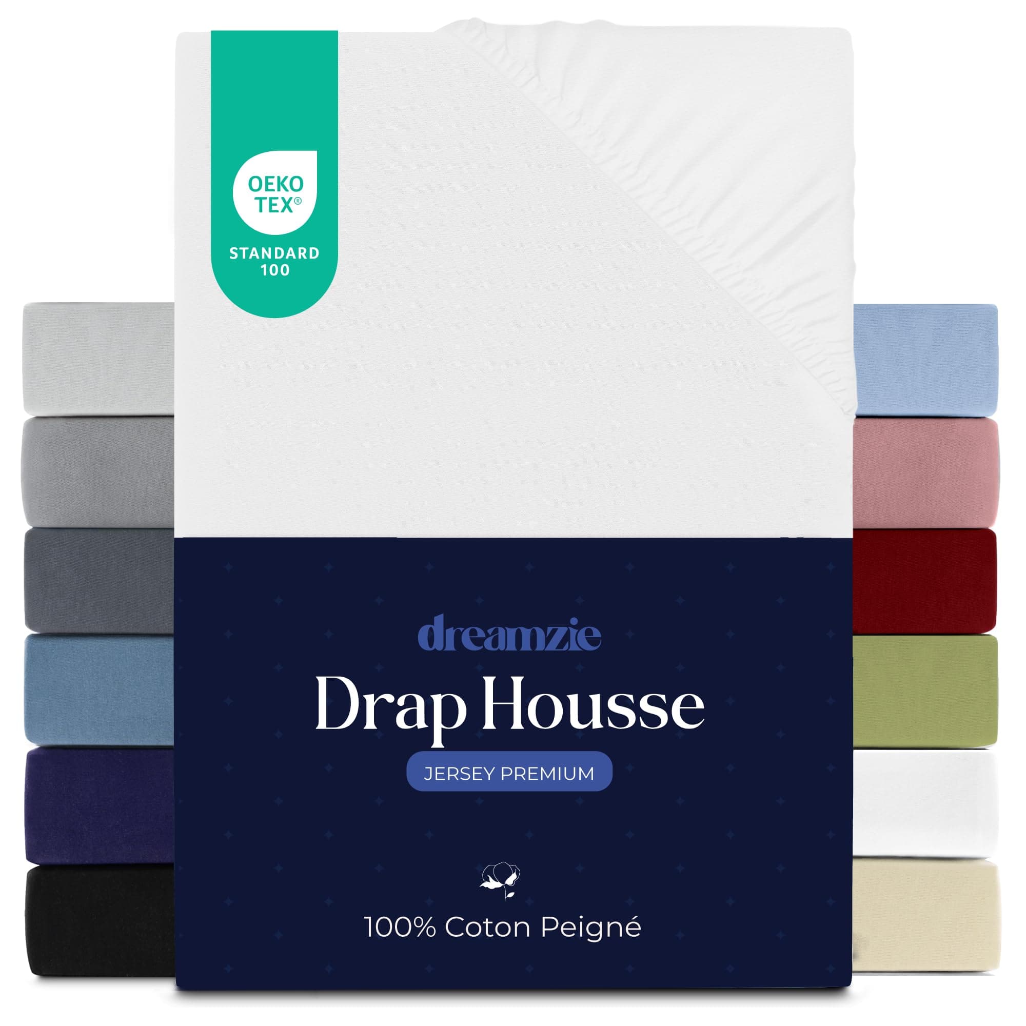 Dreamzie Drap Housse 90x190/200 cm, Jersey 100% Coton Premium, Hauteur De Matelas Jusqu'à 22 cm, Hypoallergénique, Oeko-Tex, Blanc