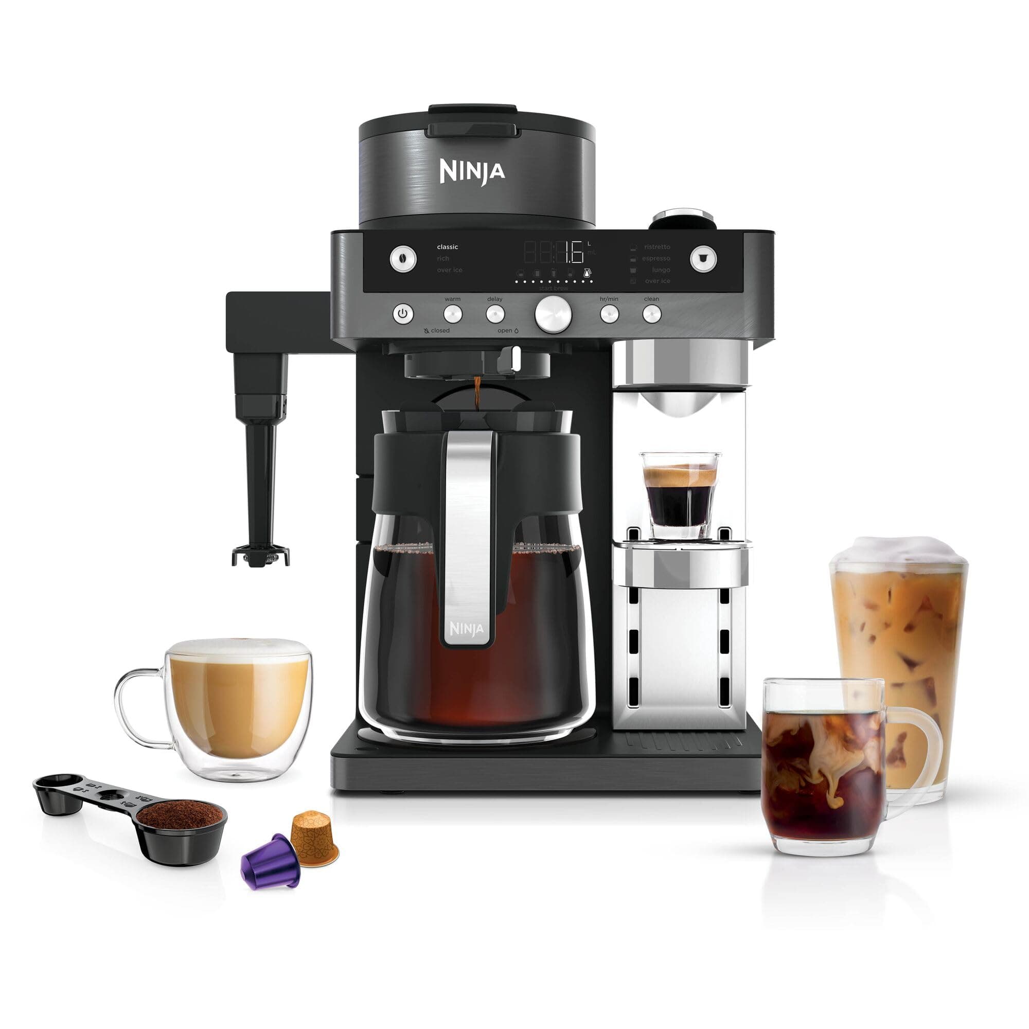 Ninja Prestige Machine à café filtre et capsules 2-en-1 Ninja Prestige avec buse à lait intégrée, pour réaliser lattes, cafés glacés et flat whites, Gris Métalisé CFN802EUGM