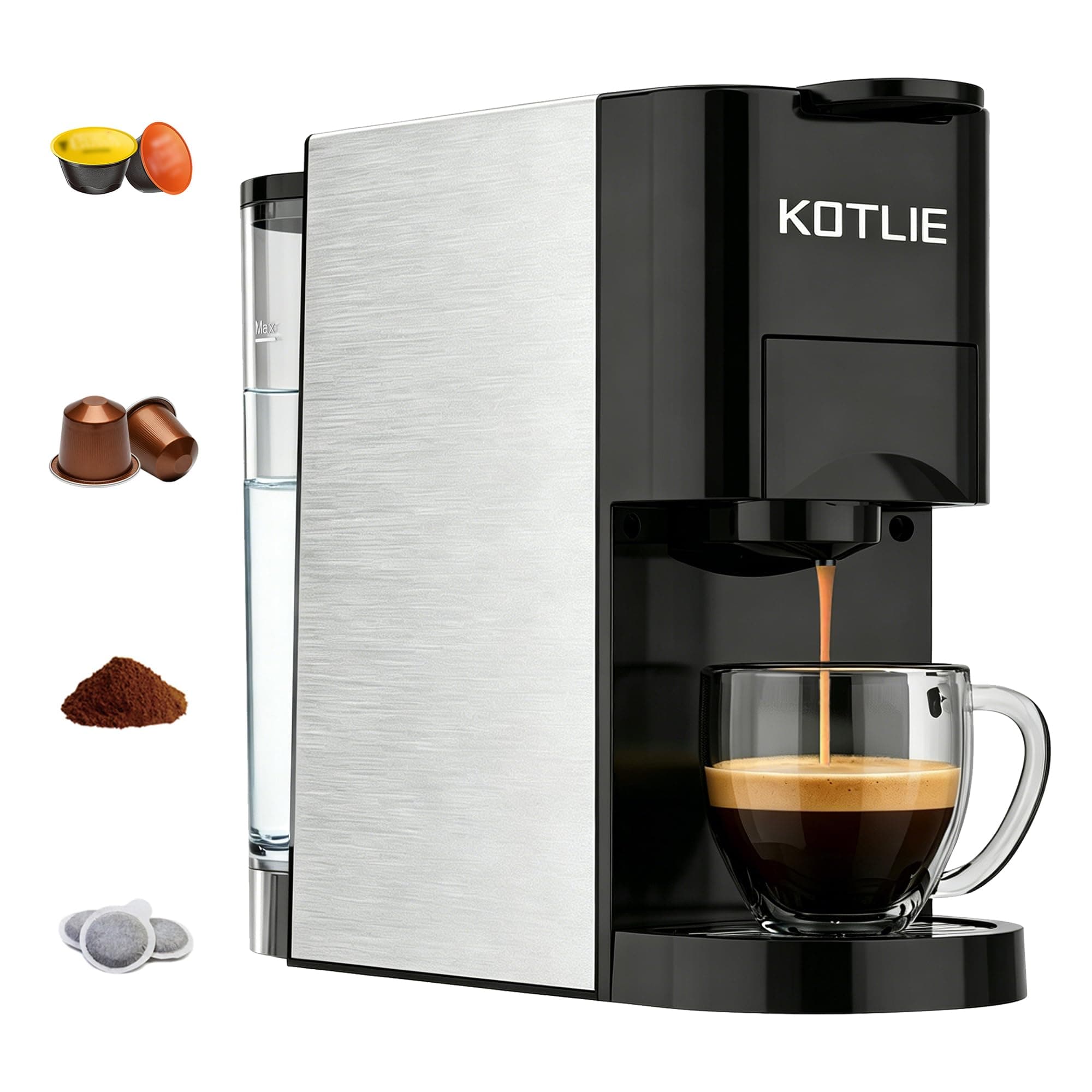 KOTLIE Express 4 en 1 Cafetière à capsules 19 bar haute pression Arrêt automatique Réservoir Cafetière expresso/cafetière capsules AC-513K (BLACK-EU)