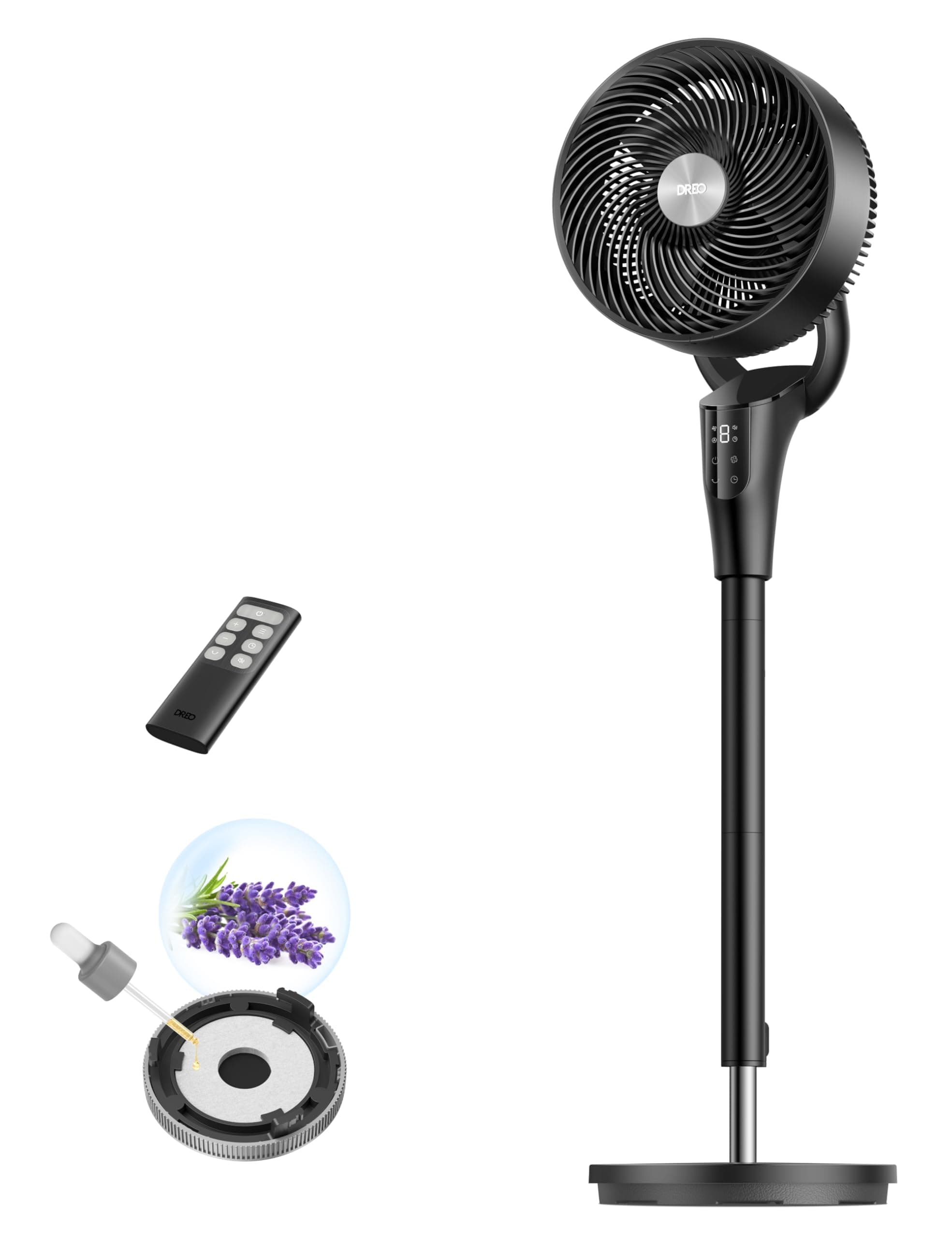 DREO Leiser Standventilator für Schlafzimmer [Verbessert], 27m Luftstrom, 20dB Leise, 90° Oszillierend, DC-Motor, 8 Geschwindigkeiten, 3 Modi, 96–106cm Höhenverstellbar, 8H Timer, 105° Manuell Neigbar