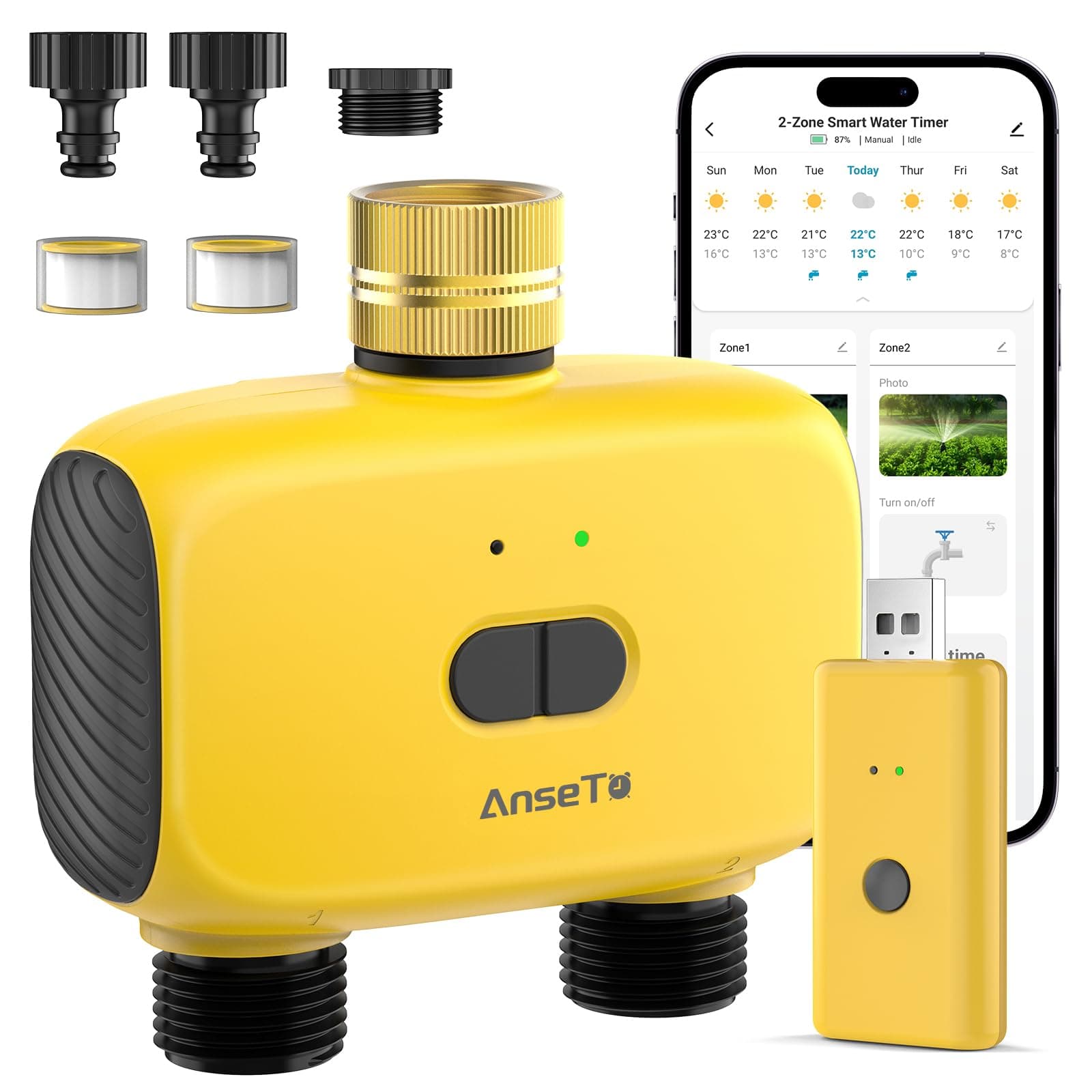 AnseTo Programmateur Arrosage Automatique WiFi avec 2 Sorties pour Jardin, Pelouse, Programmable Arrosage Automatique de Plein Air,Système D'irrigation Intelligent avec WiFi Hub,Retardement de Pluie