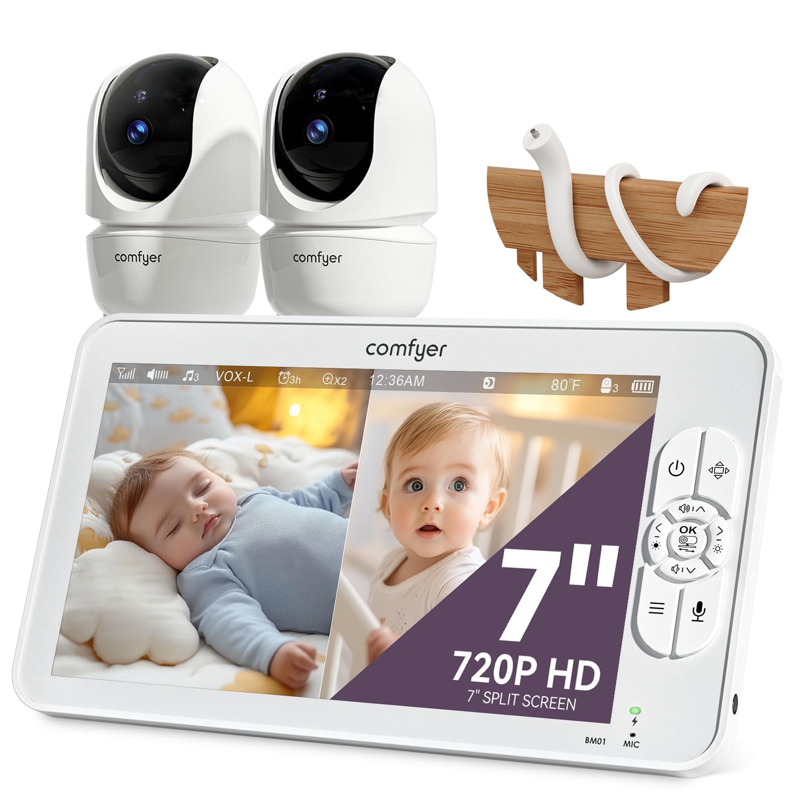 Comfyer BM01 Babyphone 2 Caméras 1080P, 7″ Écran Divisé, Moniteur Bébé sans WiFi, PTZ à Distance, Vision Nocturne, Audio Bidirectionnel, Batterie 6000 mAh, Mode VOX, Support Flexible, Berceuses