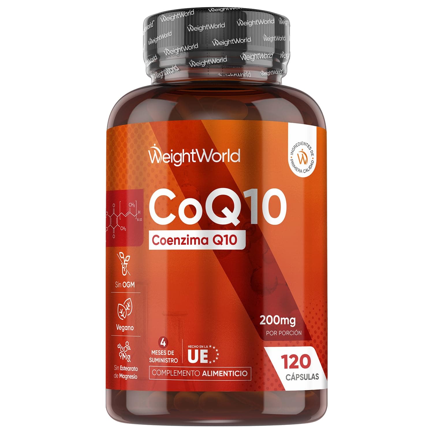 Coenzima Q10 200mg de Concentración 120 Cápsulas Veganas, 4 Meses de Suministro - Ubiquinona CoQ10, Suministro de 4 Meses, Sin Gluten, OGM ni Estearato de Magnesio