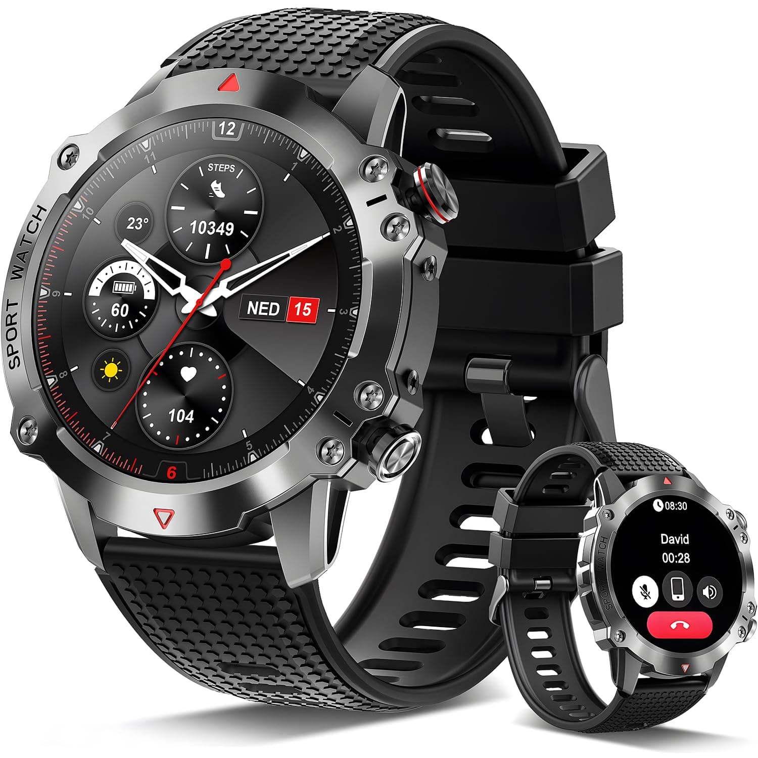 Rmana Reloj Inteligente Hombre,1.39" Militar Smartwatch con Llamadas Bluetooth, 100+ Modos Deportivos/SpO2/Pulsómetro/Sueño/Pulsera Actividad Android iOS
