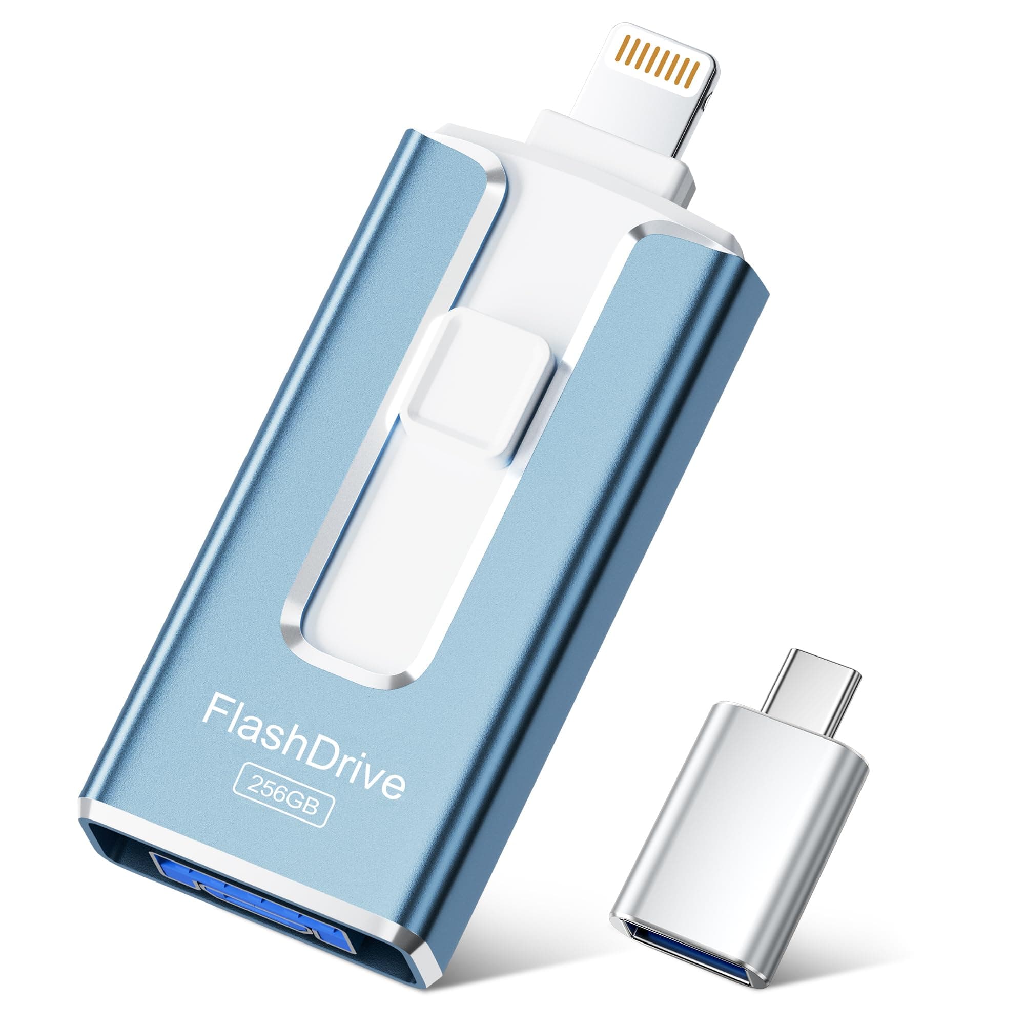 SUDEHO Cle USB 256 Go, Clé USB iPhone MFI Certifié, 4 en 1 Clef pour iPhone/Android/Type C et PC, Cle USB C Photo Stick Mémoire Externe pour Stockage Photos, Vidéos, Fichiers(Bleu)