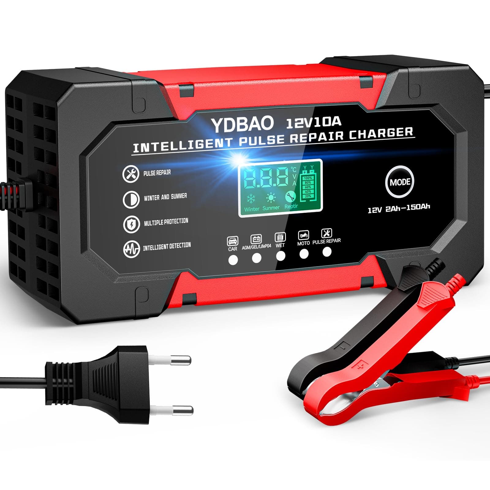 YDBAO Caricabatterie Auto 10A 12V Carica Batteria per Auto Moto Intelligente Multi Protezioni Riparazione di Moto Auto con Schermo LCD per AGM LiFePO4