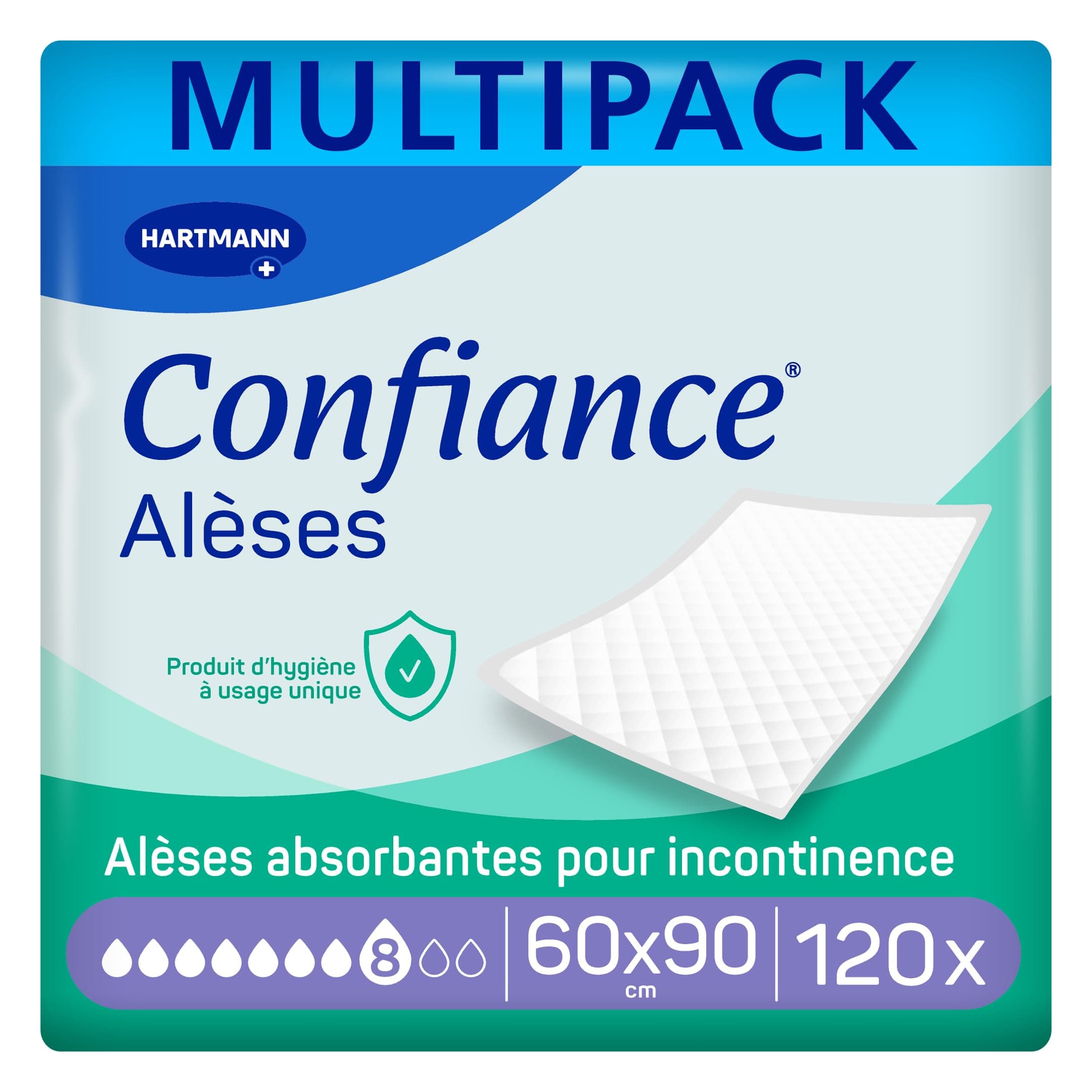 Confiance Alèse - Alèses pour la Protection de la Literie ou du Fauteuil - Niveau d'Absorption = 8 Gouttes - Dimensions = 60 x 90 cm - 4x30 unités