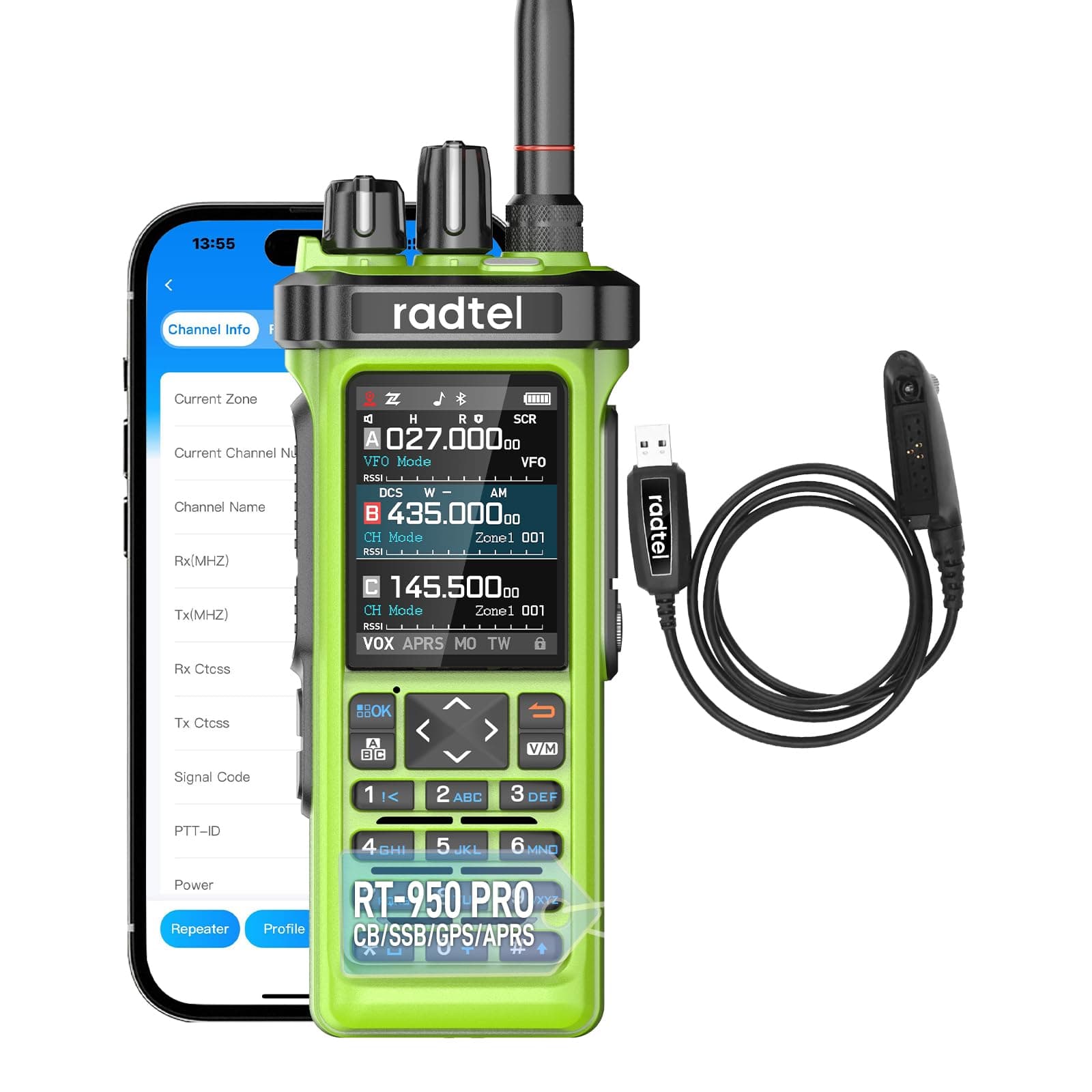 Radtel RT-950 Pro Ham Radio TX GPS/APRS, 10W Walkie Talkie Long Range Handheld Two Way Radio, Am/FM/CB/SW/MW/LW RX, Bluetooth App Programming, NOAA, Spectrum Analyzer，Green (with Programming Cable)