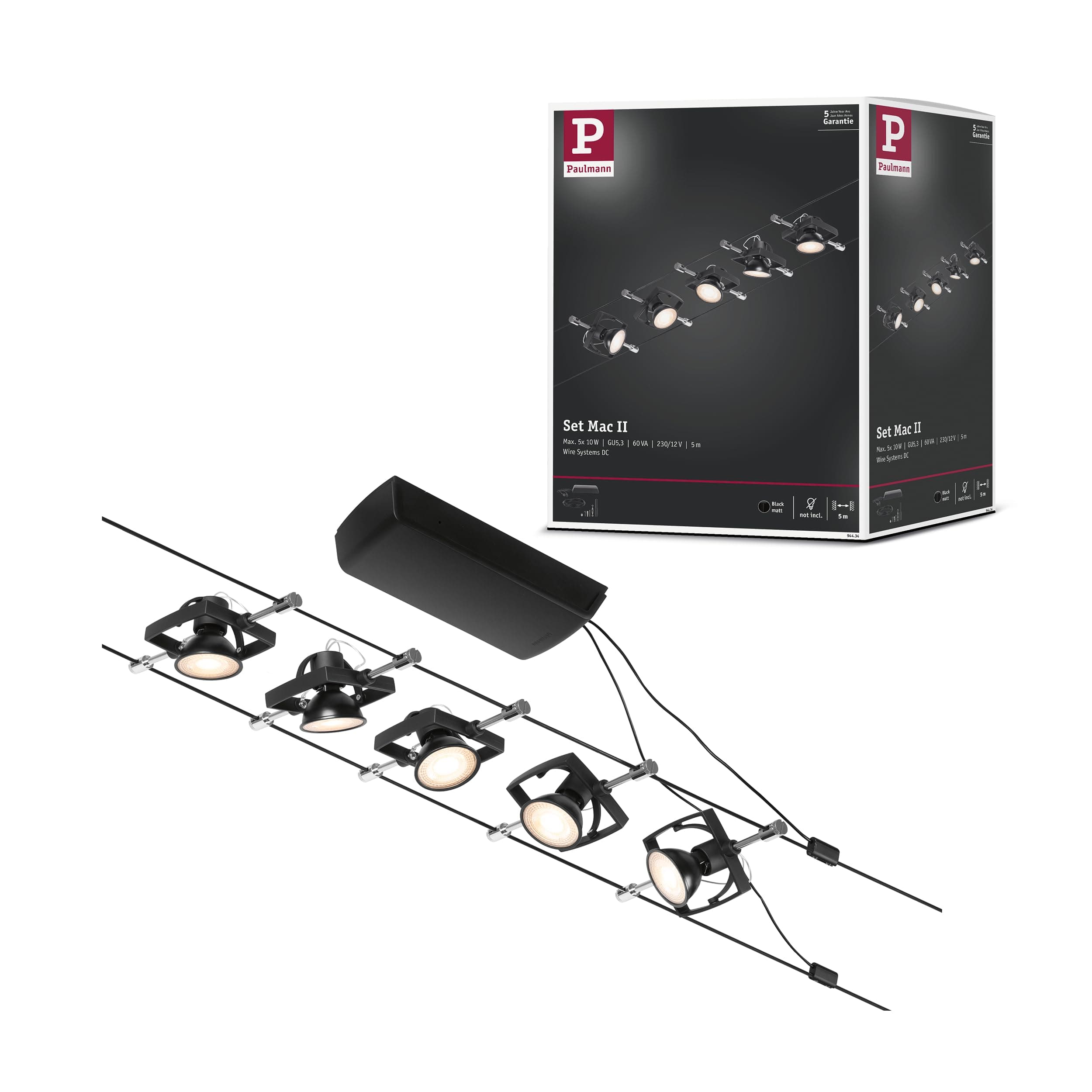 Paulmann 94434 CorDuo Set Système de Câbles Mac II DC 5 x 10 watts max, Éclairage Extensible Chrome Mat Câble Matière Plastique GU5,3 Système de Câbles sans Ampoules