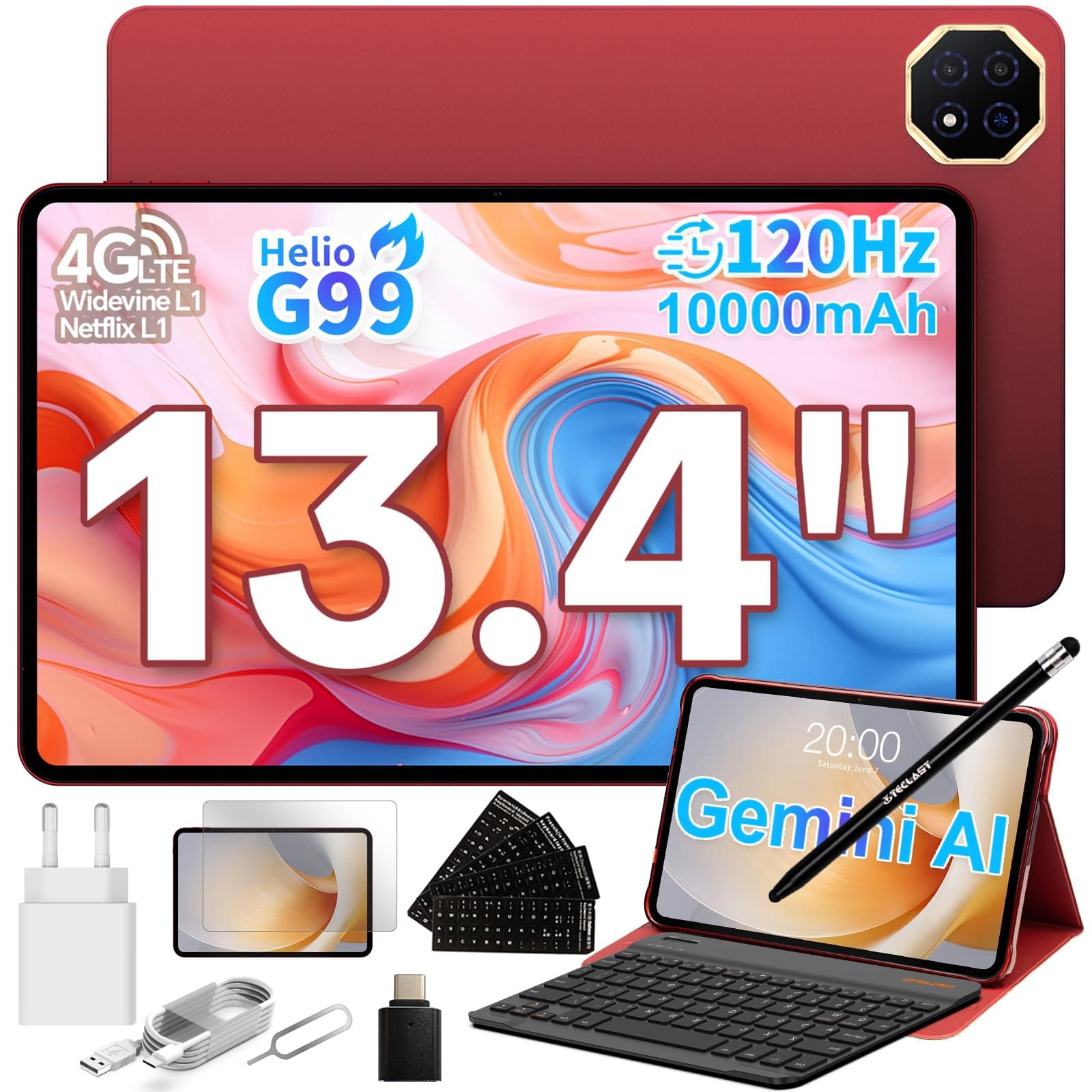 TECLAST T65PLUS Helio G99 Tablet 13.4 Pulgadas, 2.2GHz Octa-Core 120Hz Android Tableta con Teclado+Lapiz+Funda, Doble SIM 4G LTE+5G WiFi, 10000mAh/18W, 20GB RAM+128GB ROM(TF 8TB), Widevine L1/GPS/13MP