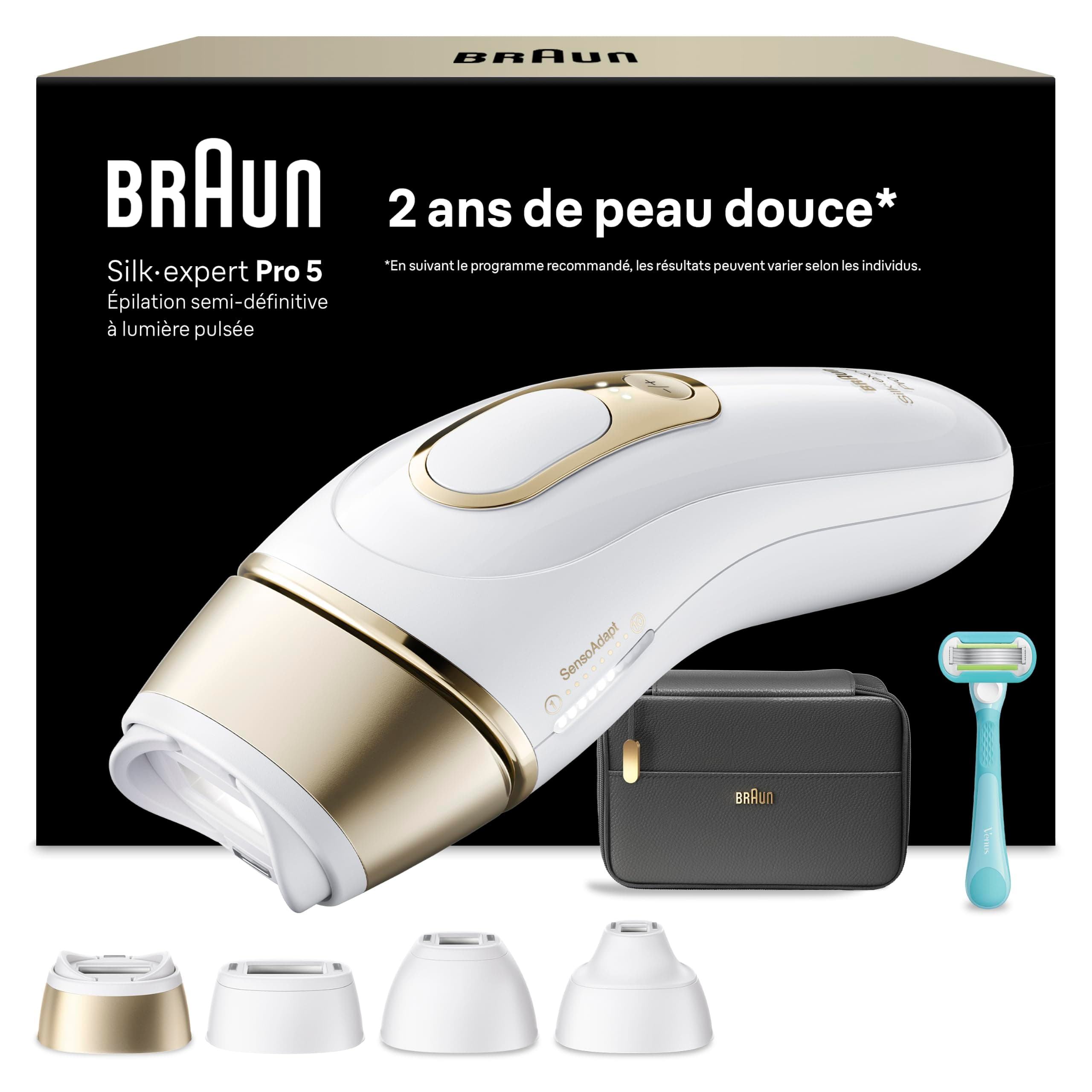 Braun Epilateur Lumiere Pulsee Silk·expert Pro 5 PL5431, Blanc et Or – Alternative au Laser à Domicile, Filaire, avec Pochette, Rasoir Gillette Venus, 4 Têtes