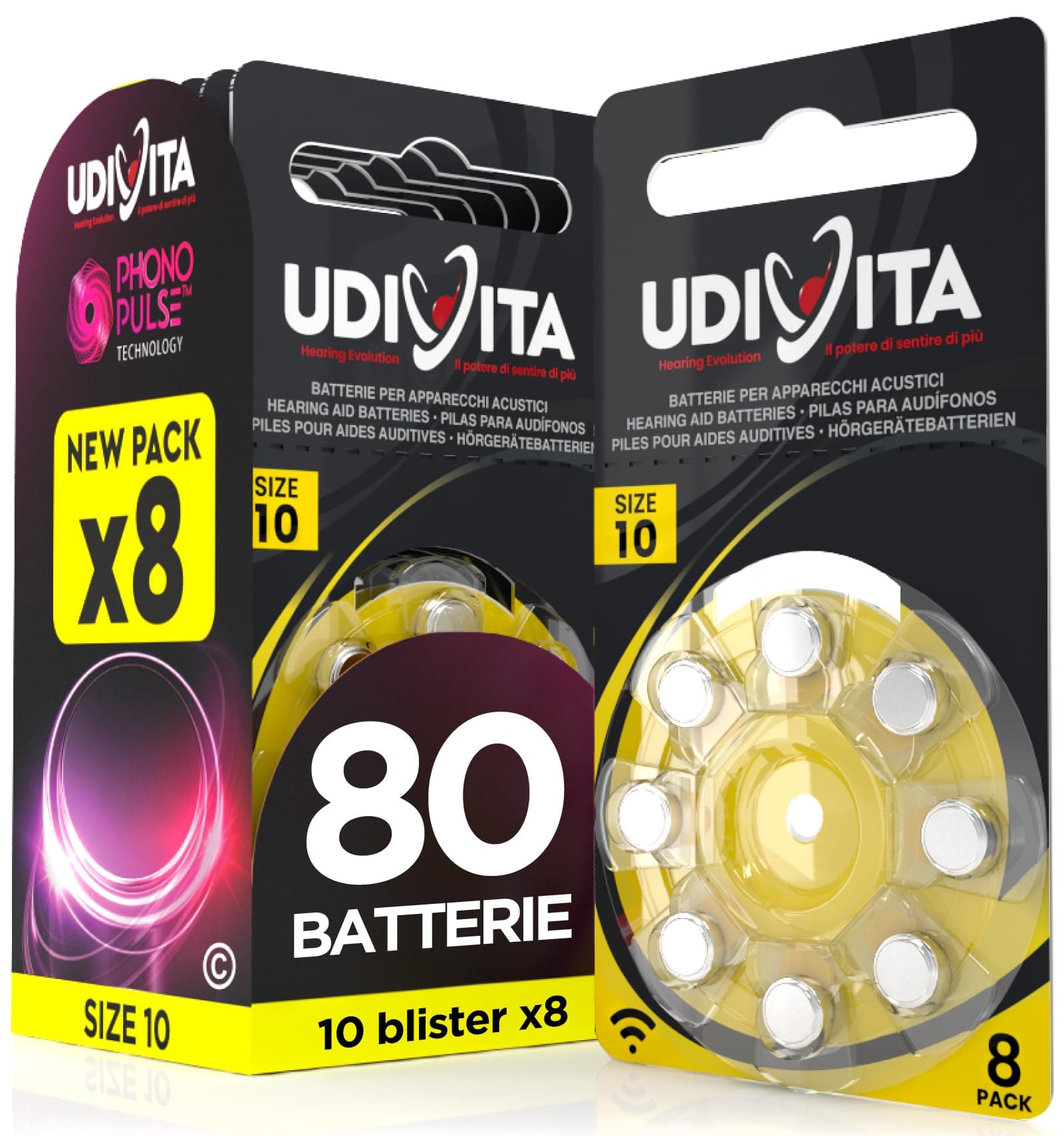 80 Batterie Per Apparecchi Acustici Auricolari Udivita Misura 10 PR70 (Gialle) - 10 Blister da 8 Pile