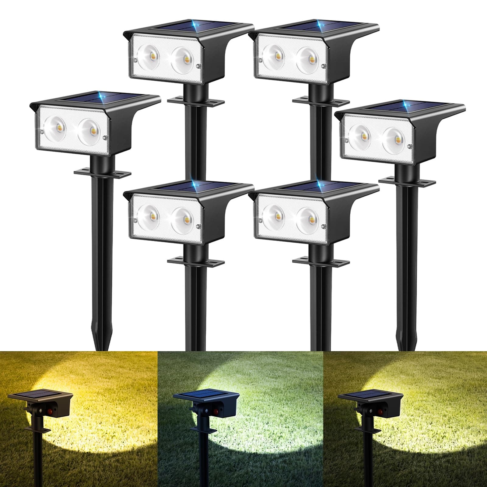 btfarm Lot de 6 Lampe Solaire Extérieur, Spot Solaire Exterieur 3 Couleurs (3000/4500/6000 K) – Projecteurs Solaire IP65 Étanches,Lumiere Solaire pour Jardin Allée Chemin