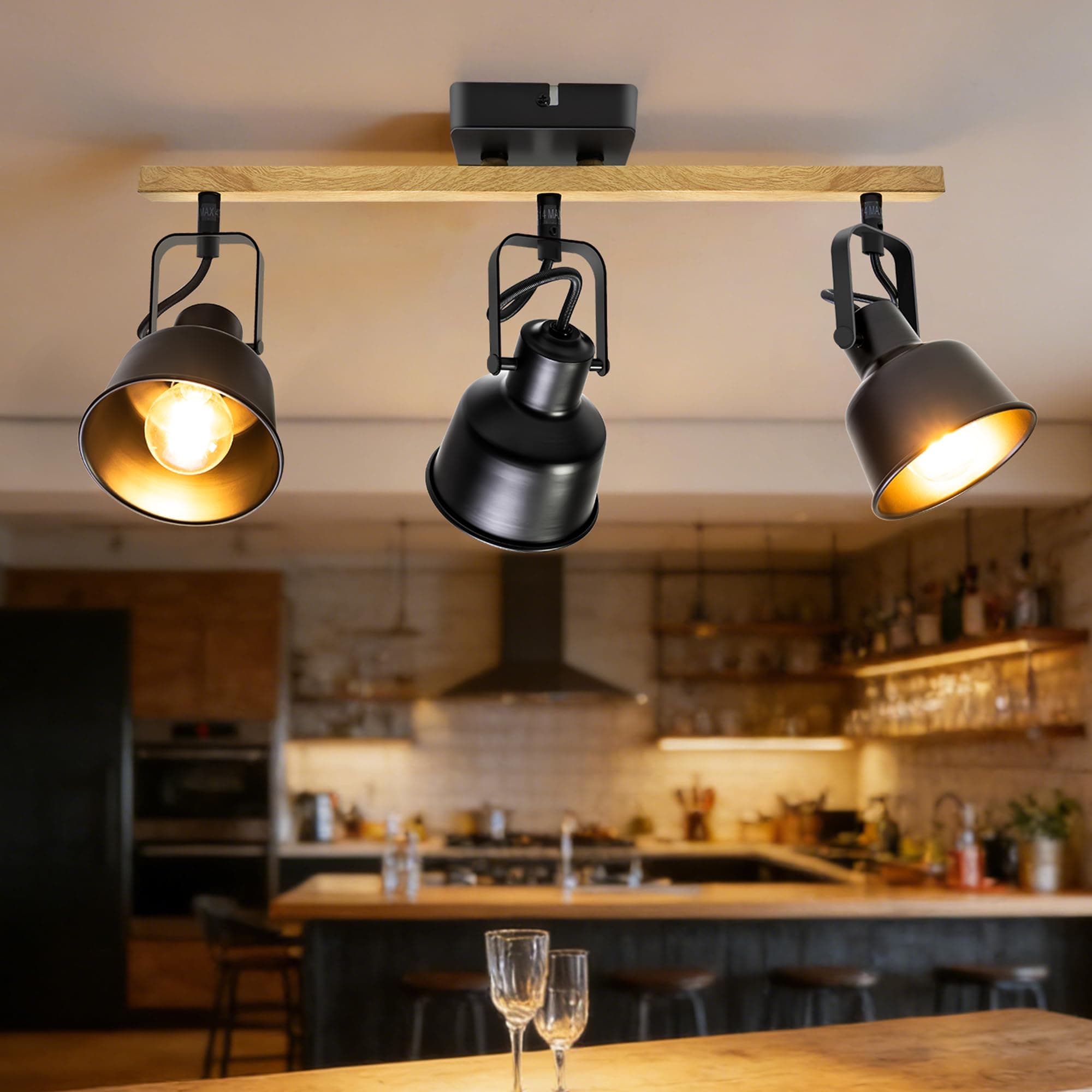 Aulaiyi Plafonnier Industriel Spots et Rails de Spots, 3 Spots LED Orientable avec Douille E14, Luminaires Intérieur avec Base Rectangulaire en Bois, pour Cuisine Chambre Salon, Noir (sans Ampoule)