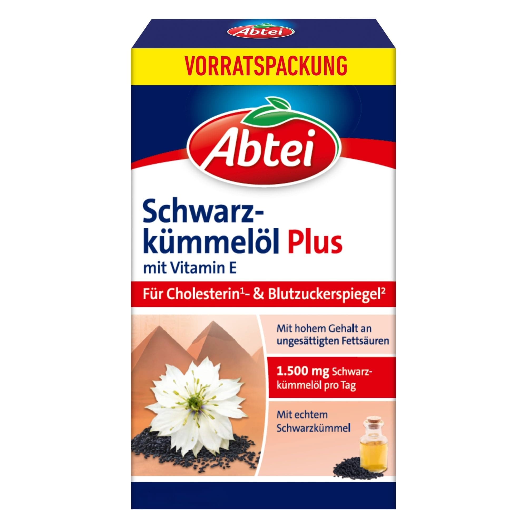 Abtei Schwarzkümmelöl Plus – Mit Vitamin E – Unterstützung für Cholesterin- und Blutzuckerspiegel – Glutenfrei und Laktosefrei – Vorratspackung mit 144 Kapseln