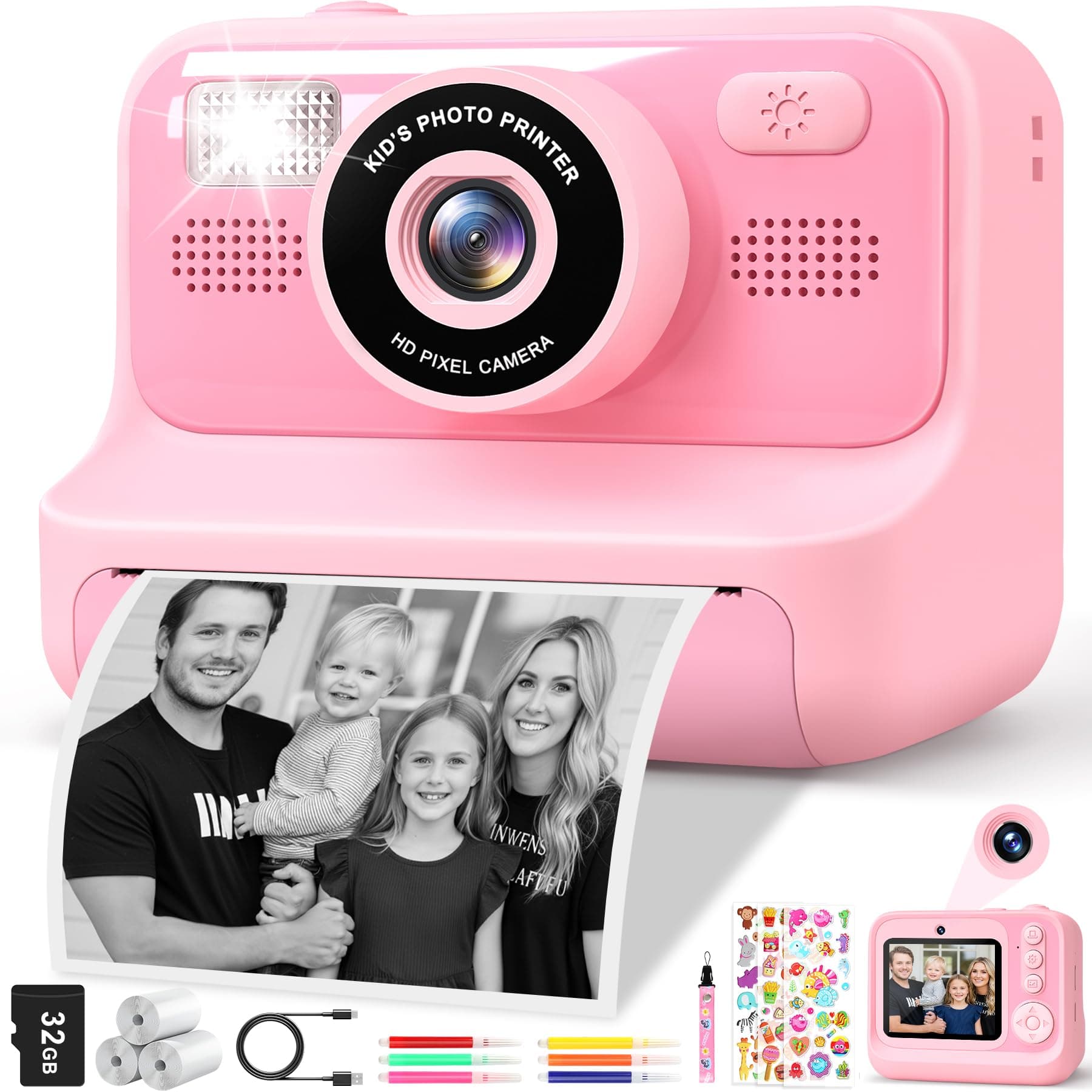 Subtail Camara Fotos Infantil Instantanea - 2,4'' 1080P Cámara Instantánea | Niños con Papel de Impresión Tarjeta de 32G - Camara Fotos Infantil Regalos de Juguete para Niños Niñas 3-12 Años-rosa