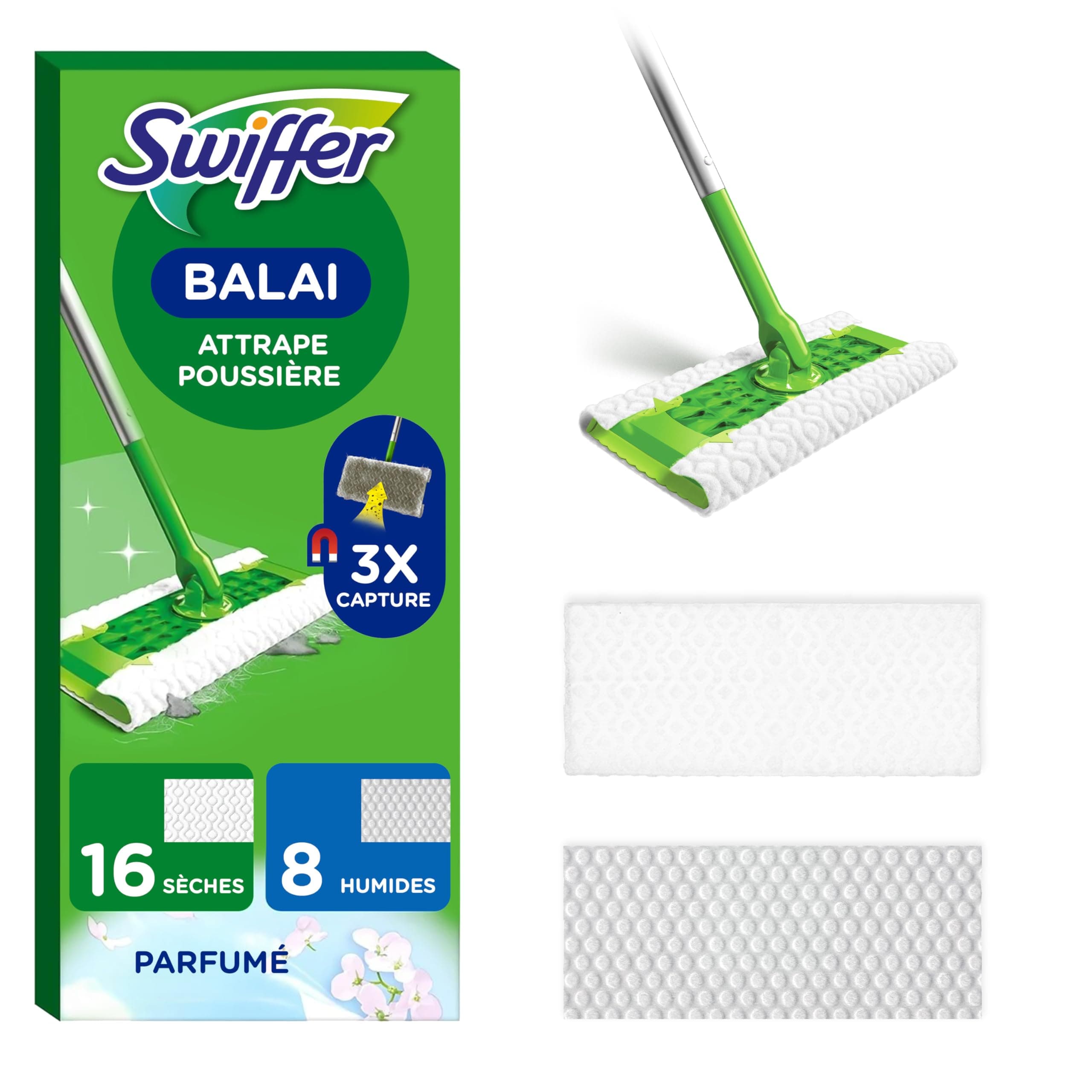 Swiffer Balai Attrape-Poussière, Kit de Démarrage, (1 Balai + 16 Lingettes Sèches + 8 Lingettes Humides) Attrape Et Retient 3x Plus De Poussière, Saleté Et Poils Qu’un Balai Classique