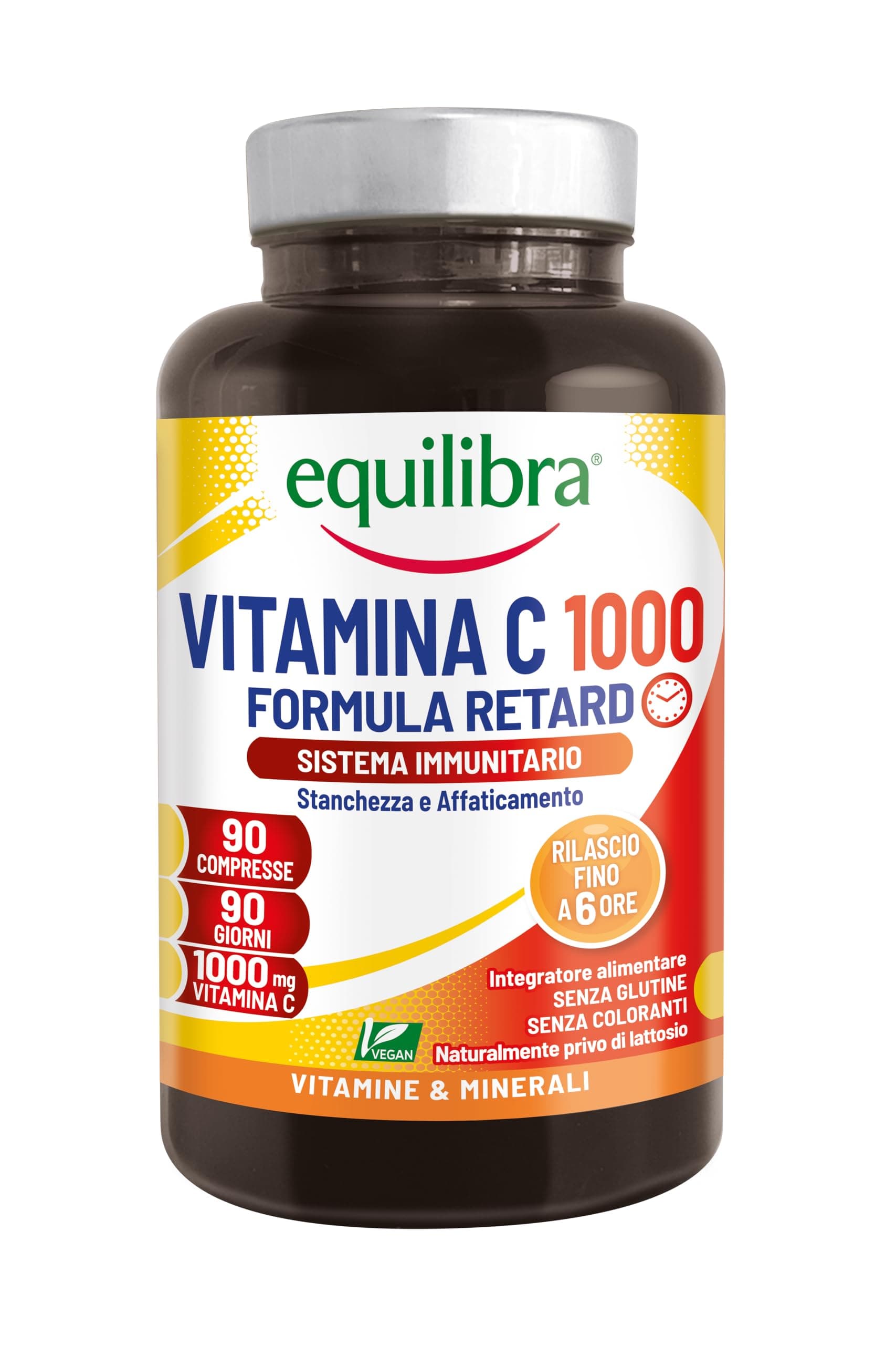 Equilibra Integratori Alimentari, Vitamina C 1000 mg, Integratore Altodosato per la Normale Funzione del Sistema Immunitario, Rilascio Graduale Fino a 6 Ore, Vegan, Gluten Free, 90 Compresse