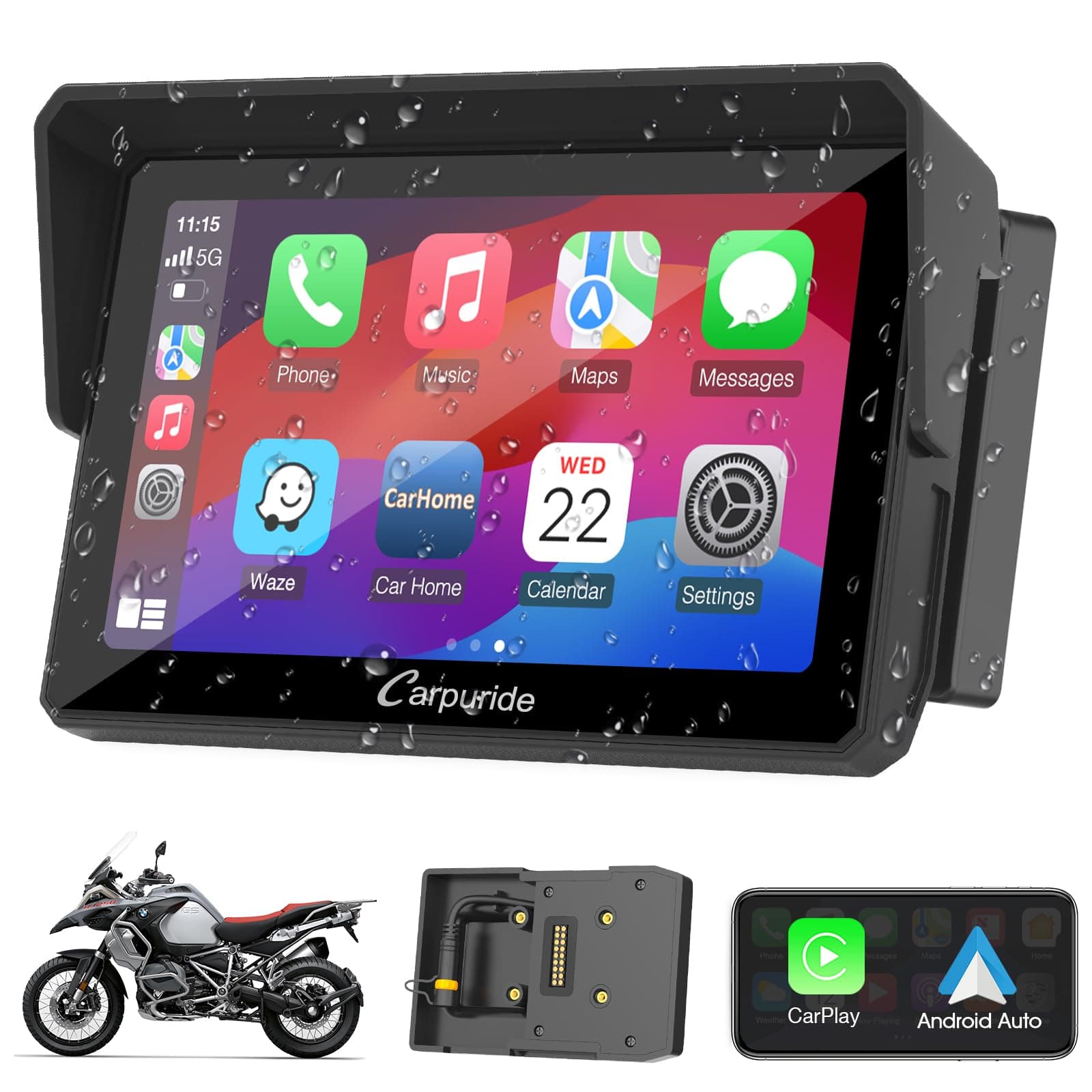 Carpuride W502B Pantalla Carplay para BMW Motocicleta R1200GS R1250GS S1000XR, Pantalla Táctil Impermeable de 5 Pulgadas, Navegación GPS Portátil Carplay/Android para Moto, Bluetooth Dual