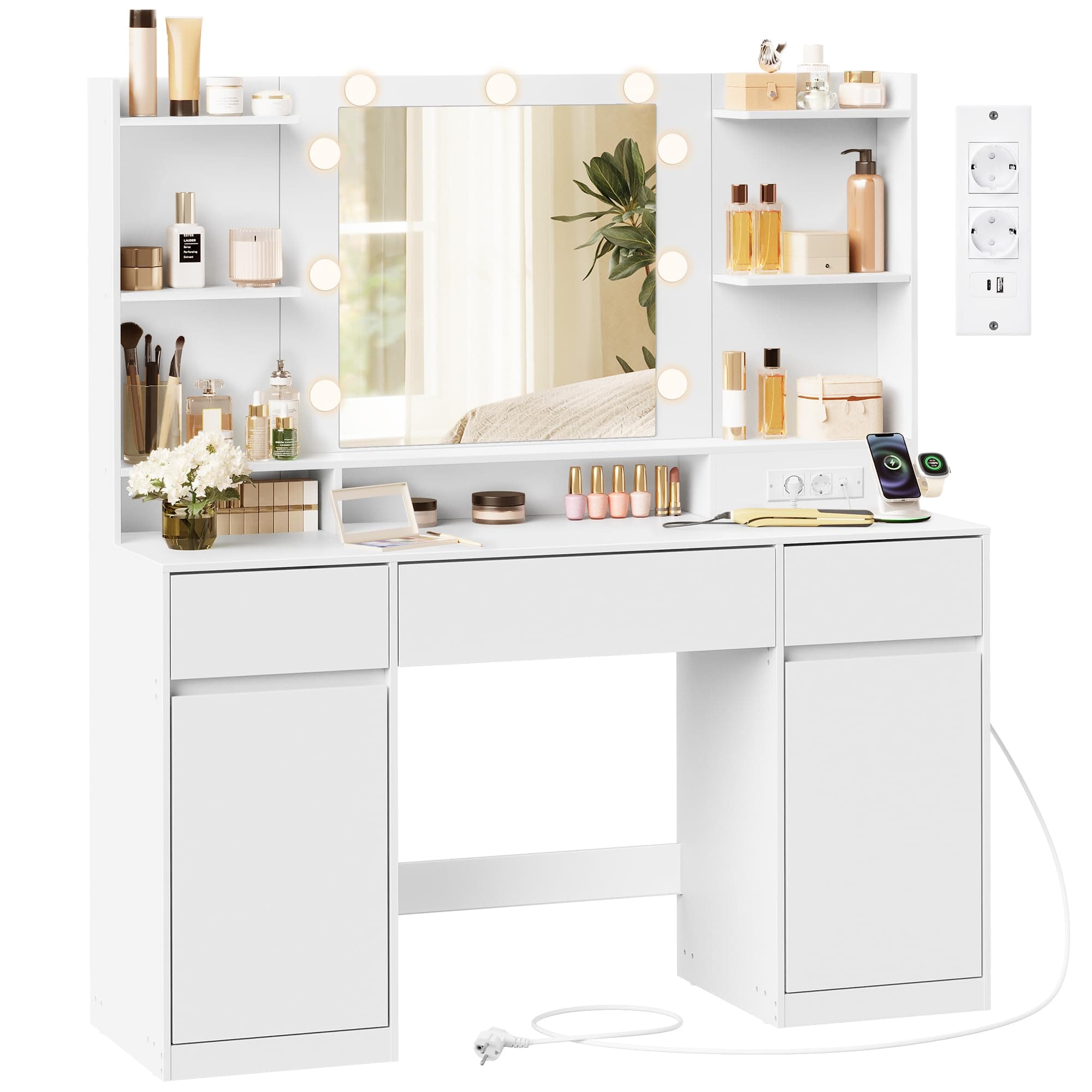 VASAGLE Kailyn Colección - Tocador con Espejo LED, Regleta, 2 Armarios, 9 Bombillas Regulables, Iluminación de 3 Colores, Montaje sin Herramientas, Blanco Nube RDT142WB02