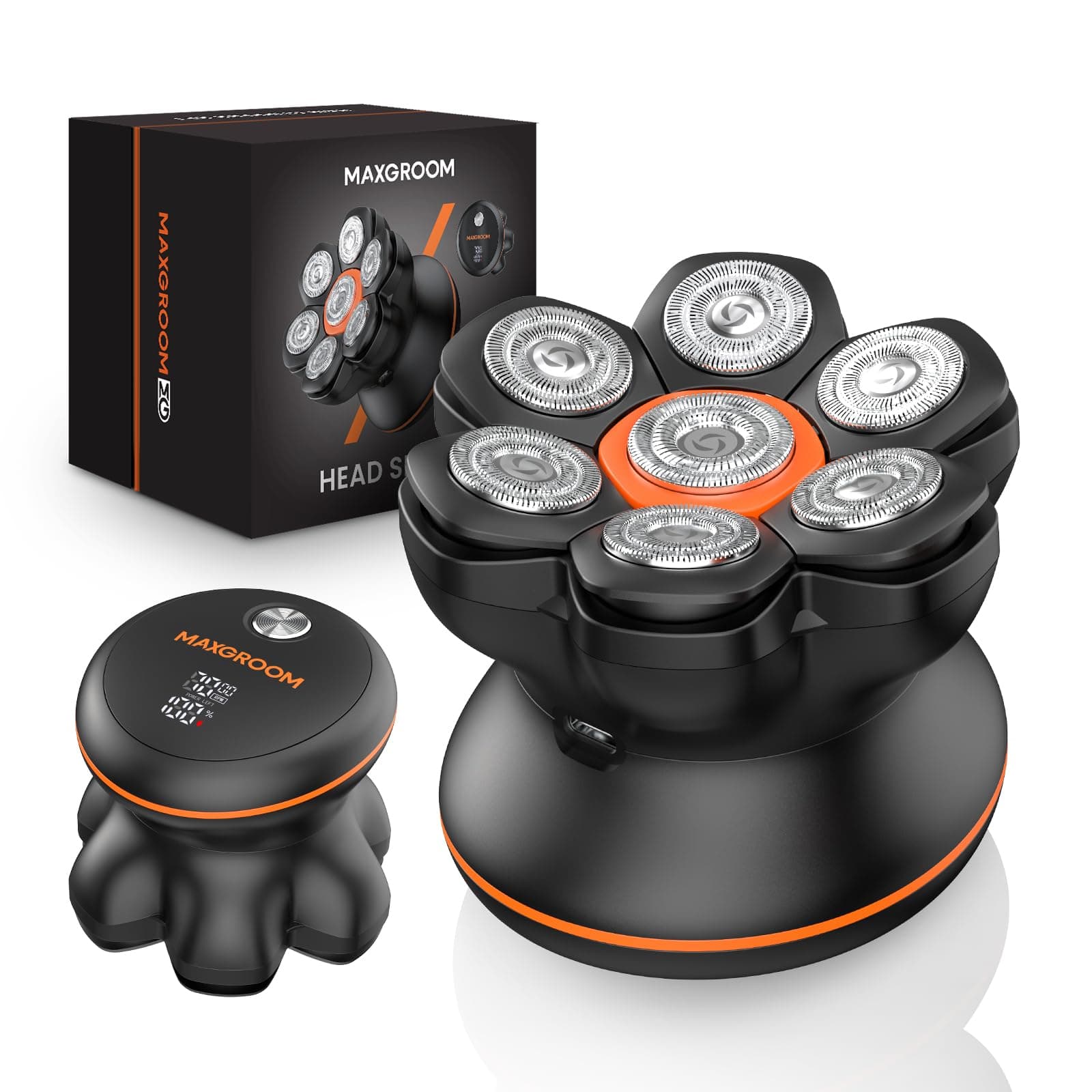 MAXGROOM Afeitadora Cabeza Hombre, Maquina Afeitar Hombre, Afeitadora para Calva en Seco y Húmedo, Batería de Larga Duración, 7 Cabezales, Magnético, 100% impermeable, Negro